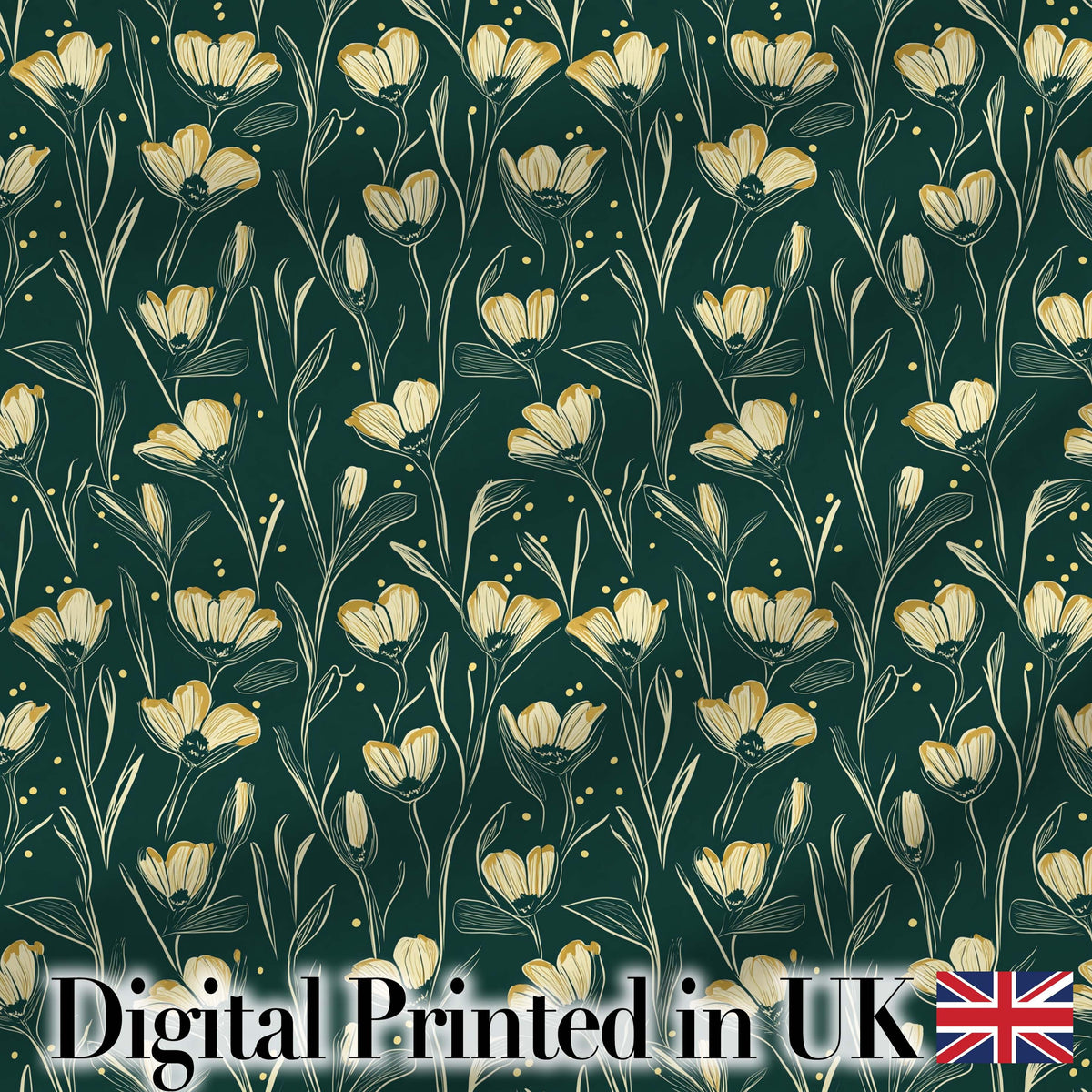 Elegant Dark Teal Floral Wildflower Pattern with Soft Yellow Seamless Design Digital Print Fabric by the Metre UK Sewing Quilting Textile