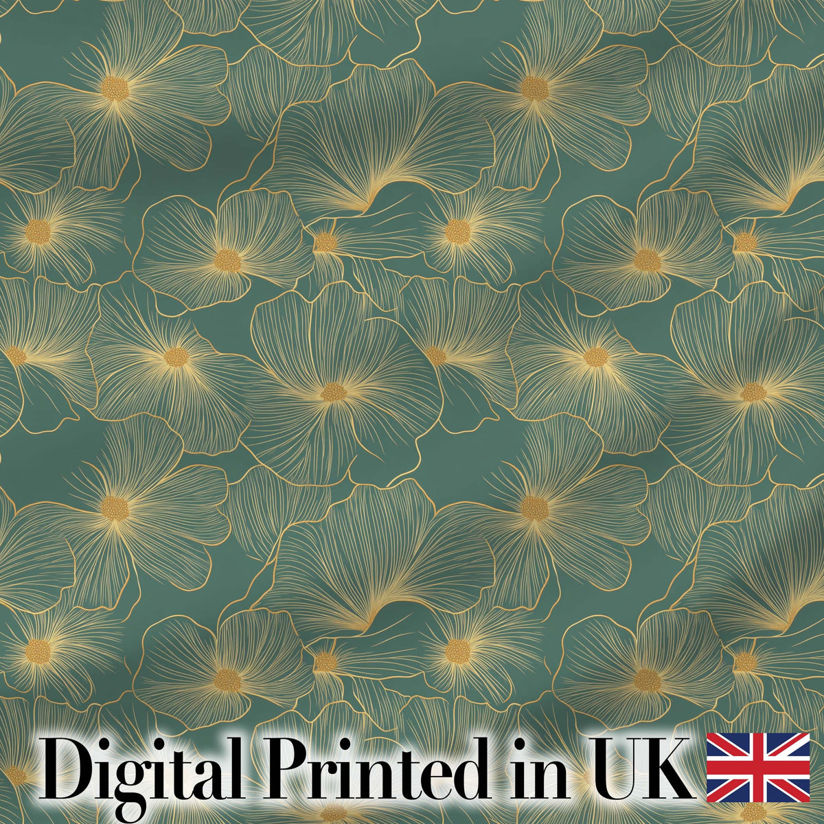 Artistic Teal Floral Outline Pattern with Large Gold Detailed Blossoms Seamless Digital Print Fabric by the Metre UK Sewing Quilting Textile