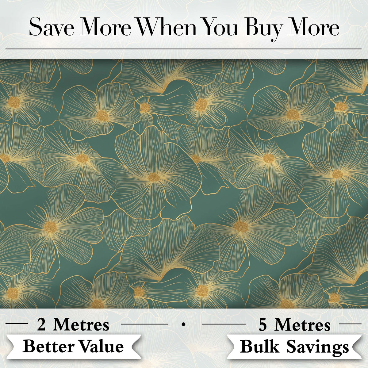 Artistic Teal Floral Outline Pattern with Large Gold Detailed Blossoms Seamless Digital Print Fabric by the Metre UK Sewing Quilting Textile