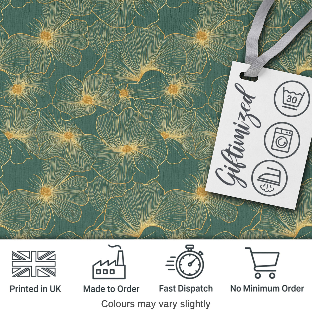 Artistic Teal Floral Outline Pattern with Large Gold Detailed Blossoms Seamless Digital Print Fabric by the Metre UK Sewing Quilting Textile