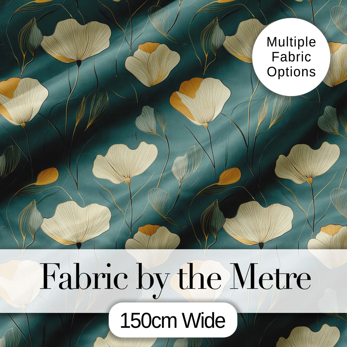 Contemporary Teal Botanical Pattern with Soft Cream , Mustard Flowers Seamless Digital Print Fabric by the Metre UK Sewing Quilting Textile