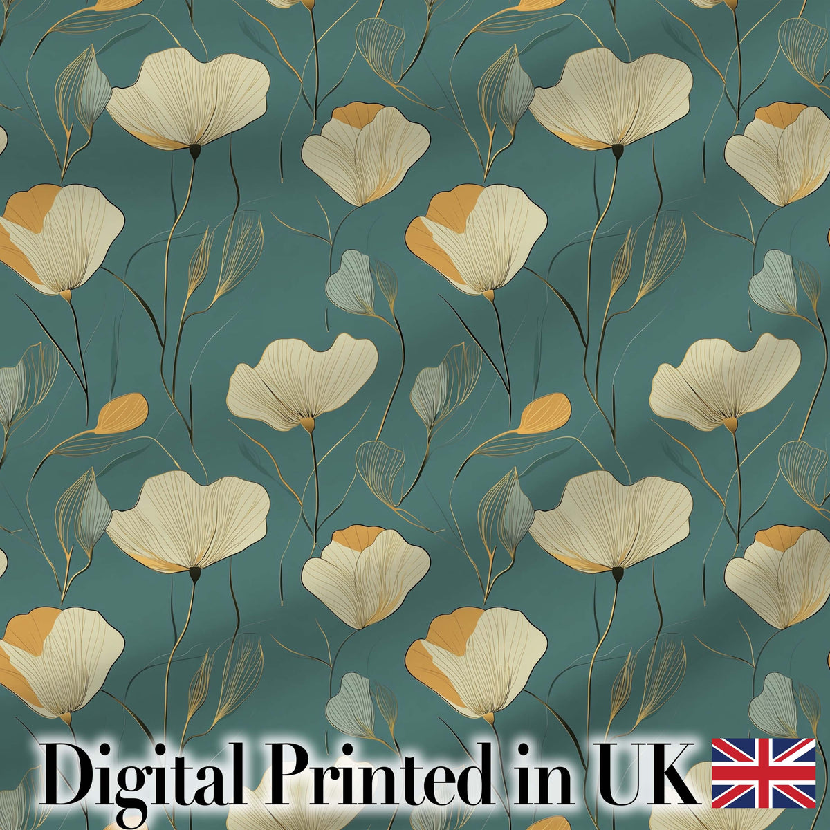 Contemporary Teal Botanical Pattern with Soft Cream , Mustard Flowers Seamless Digital Print Fabric by the Metre UK Sewing Quilting Textile