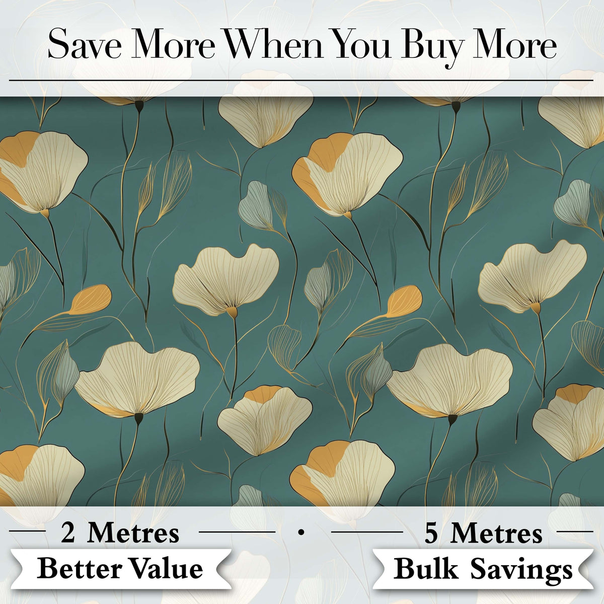 Contemporary Teal Botanical Pattern with Soft Cream , Mustard Flowers Seamless Digital Print Fabric by the Metre UK Sewing Quilting Textile