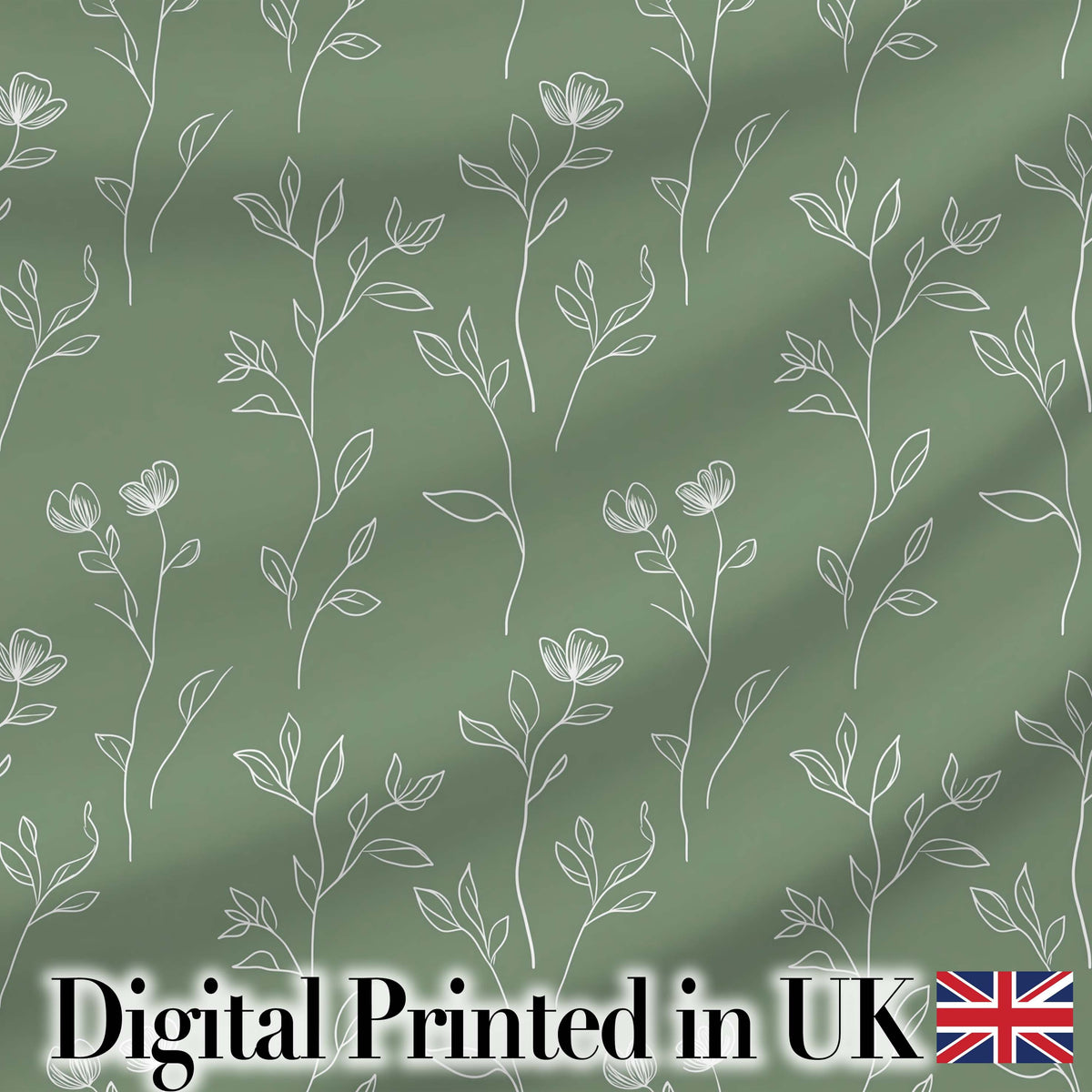 Soft Green Botanical Line Art Floral Pattern with Minimal Leaves Seamless Digital Print Fabric by the Metre UK Sewing Quilting Textile
