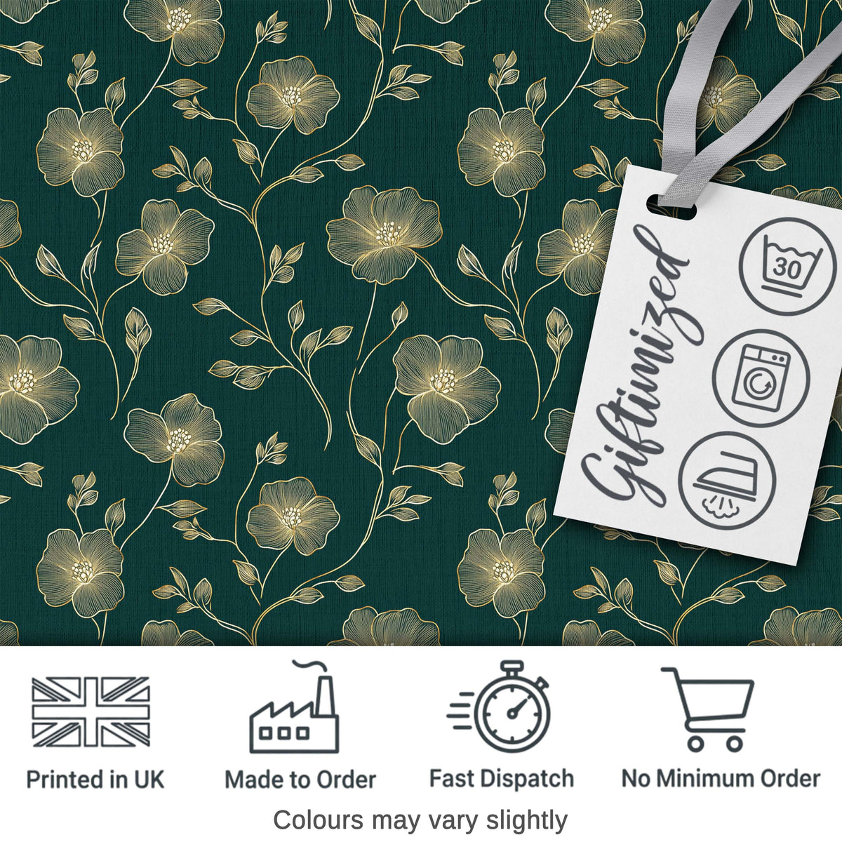 Luxury Dark Teal Floral Pattern with Fine Gold Line Art Blossoms Seamless Digital Print Fabric by the Metre UK Sewing Quilting Textile