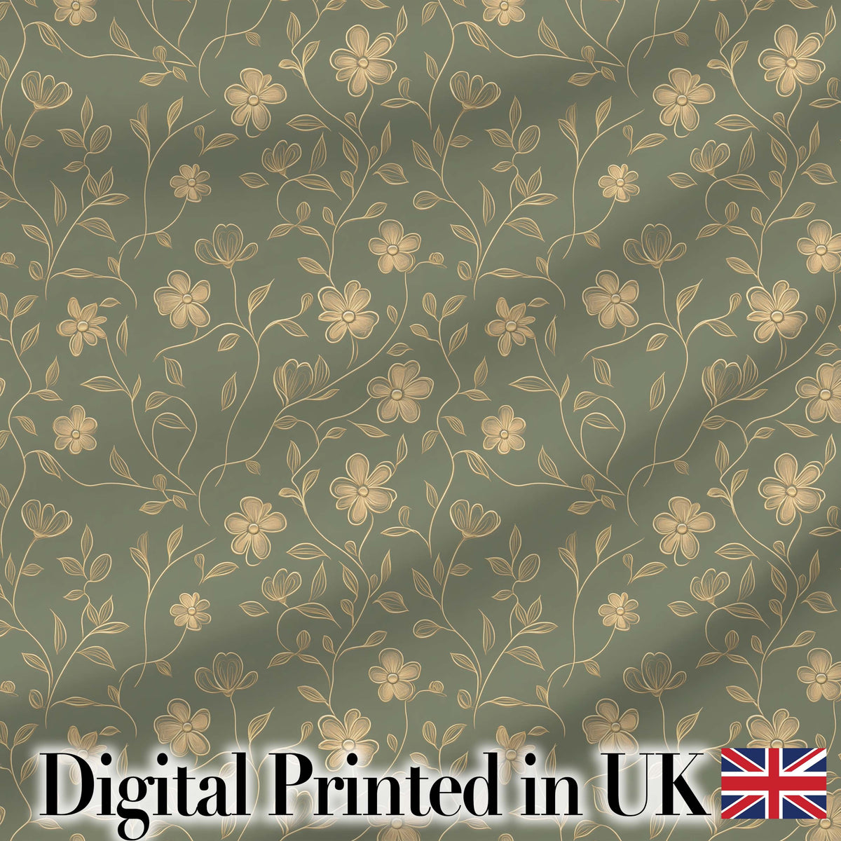 Vintage Olive Floral Vine Pattern with Soft Gold Detailed Flowers Seamless Digital Print Fabric by the Metre UK Sewing Quilting Textile