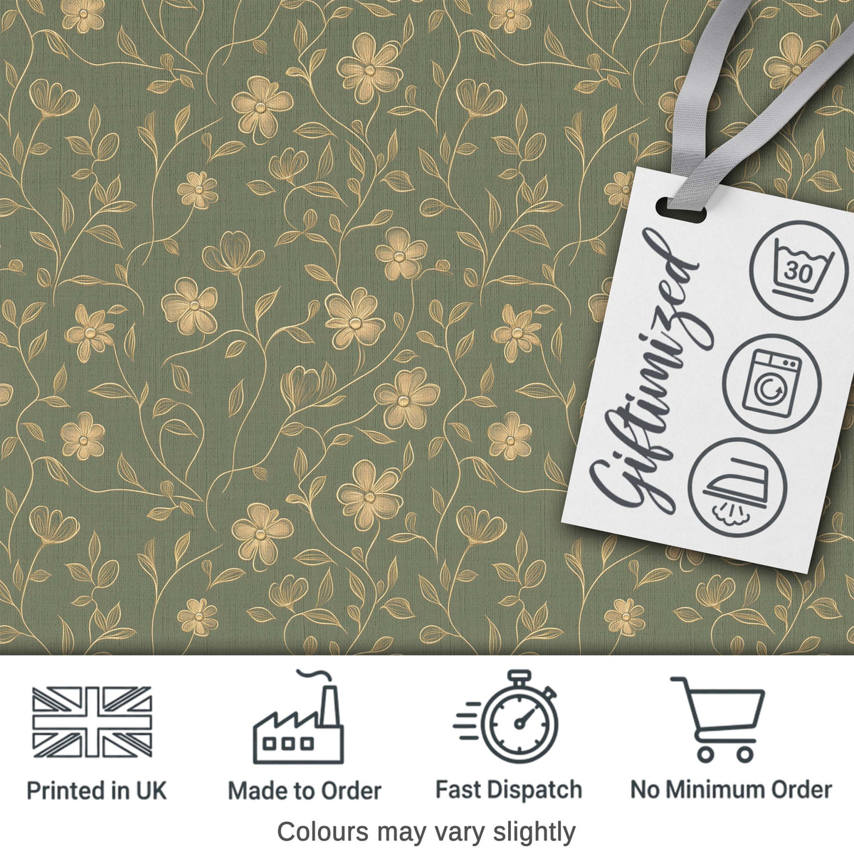 Vintage Olive Floral Vine Pattern with Soft Gold Detailed Flowers Seamless Digital Print Fabric by the Metre UK Sewing Quilting Textile