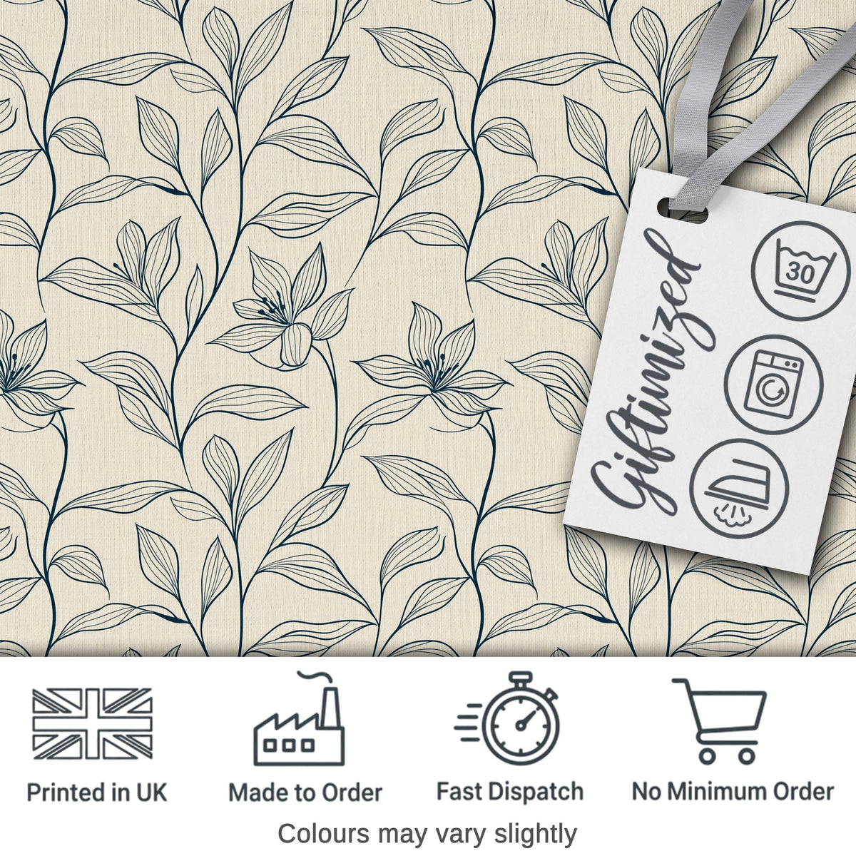 Elegant Beige Botanical Line Art Leaves Pattern with Floral Stems Seamless Digital Print Fabric by the Metre UK Sewing Quilting Textile