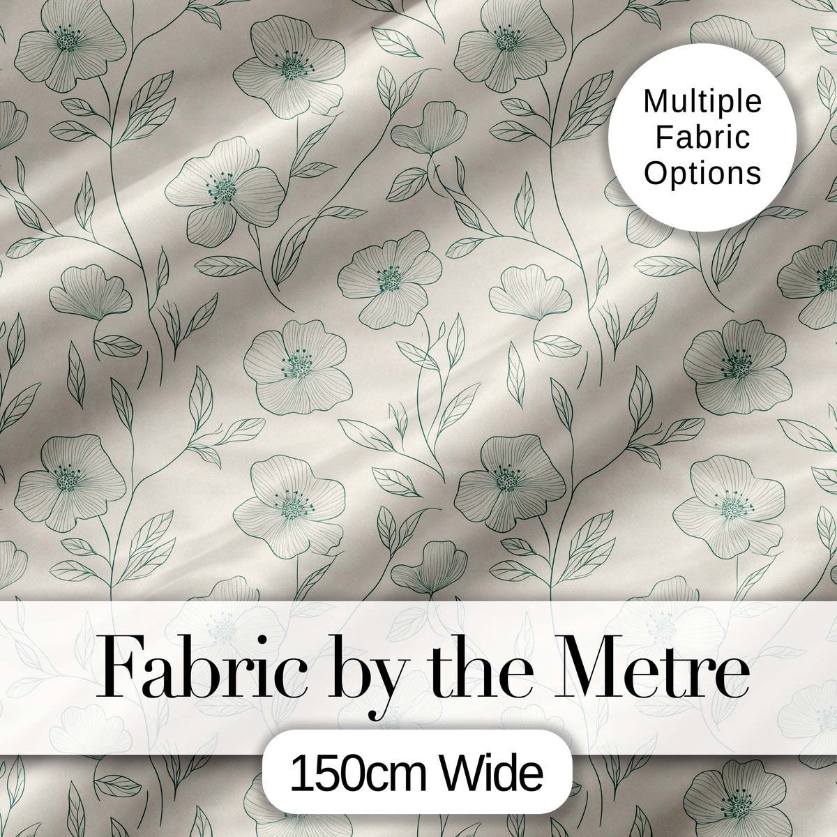 Delicate Neutral Floral Line Art Pattern with Soft Green Flowers Seamless Digital Print Fabric by the Metre UK Sewing Quilting Textile