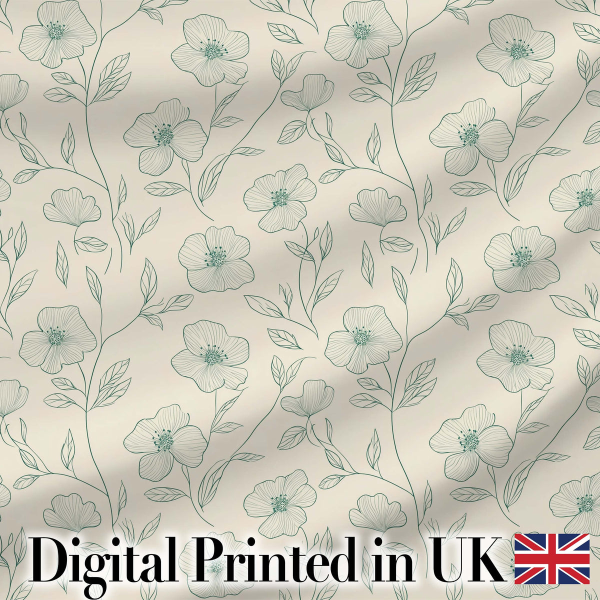Delicate Neutral Floral Line Art Pattern with Soft Green Flowers Seamless Digital Print Fabric by the Metre UK Sewing Quilting Textile