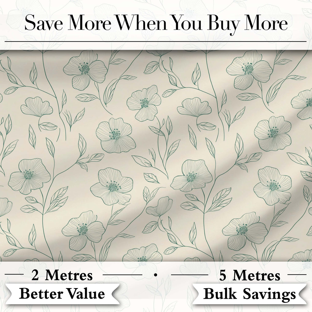 Delicate Neutral Floral Line Art Pattern with Soft Green Flowers Seamless Digital Print Fabric by the Metre UK Sewing Quilting Textile