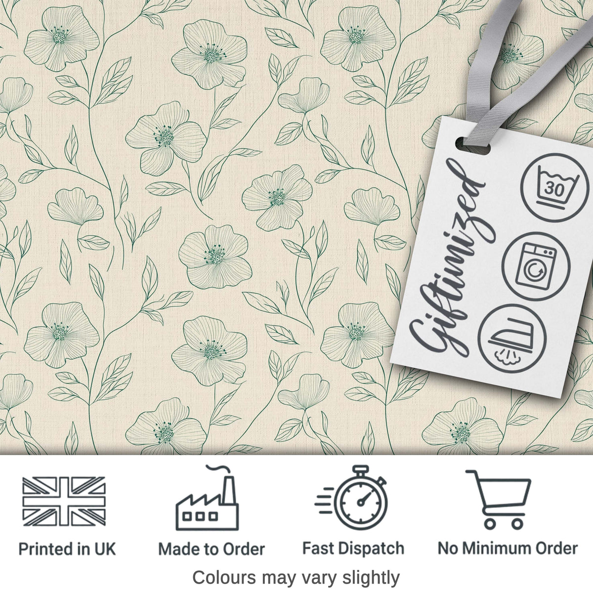 Delicate Neutral Floral Line Art Pattern with Soft Green Flowers Seamless Digital Print Fabric by the Metre UK Sewing Quilting Textile