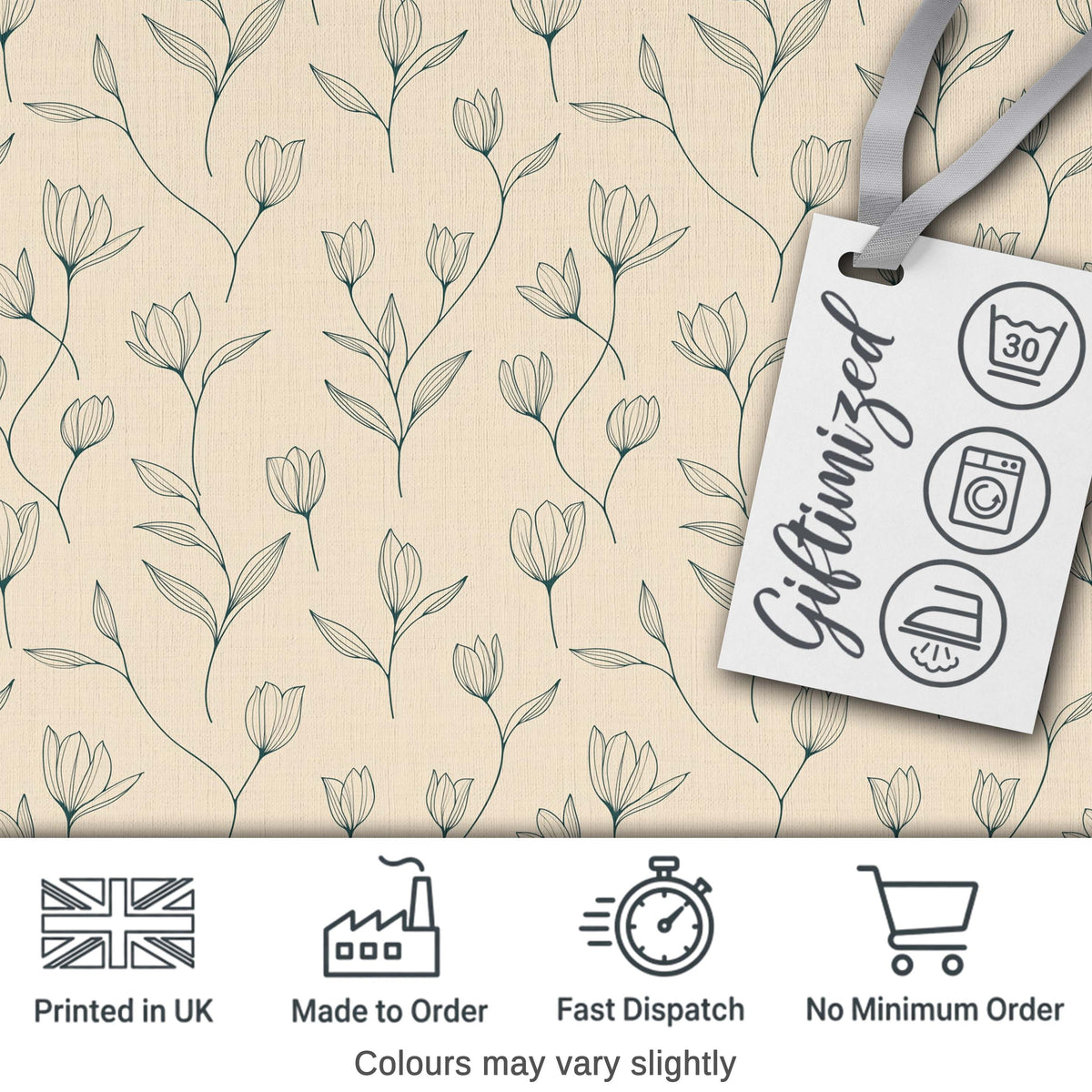 Minimalist Beige Floral Bud Pattern with Fine Line Botanical Elements Seamless Digital Print Fabric by the Metre UK Sewing Quilting Textile