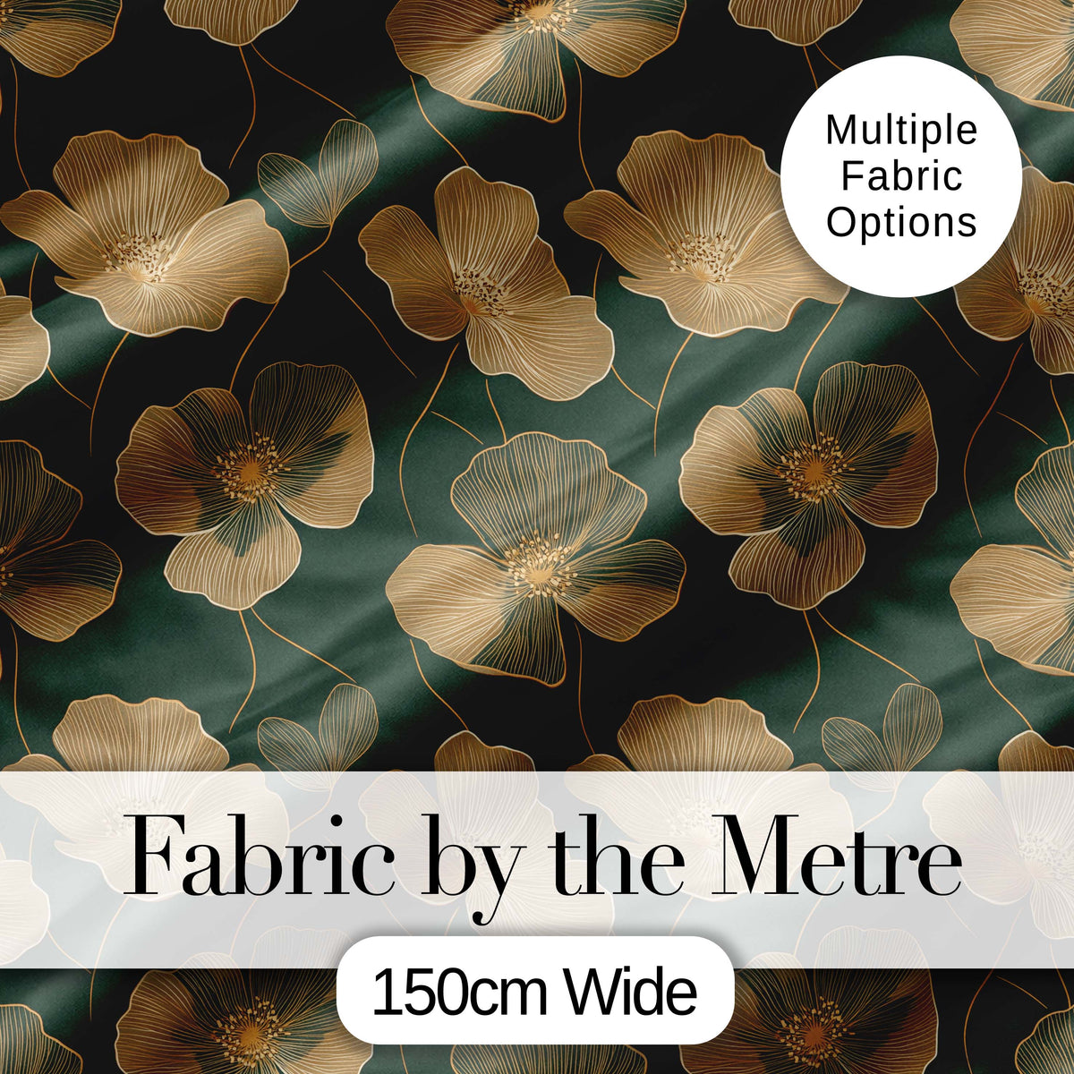 Luxury Dark Green Floral Pattern with Large Gold Line Art Blossoms Seamless Digital Print Fabric by the Metre UK Sewing Quilting Textile