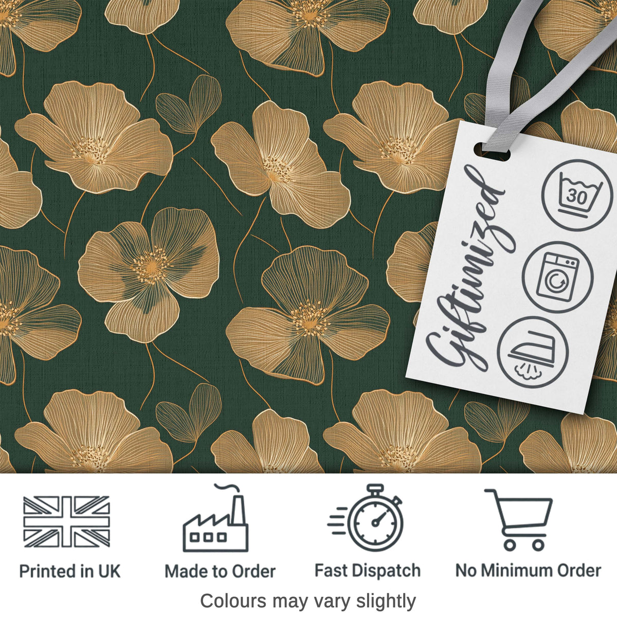 Luxury Dark Green Floral Pattern with Large Gold Line Art Blossoms Seamless Digital Print Fabric by the Metre UK Sewing Quilting Textile