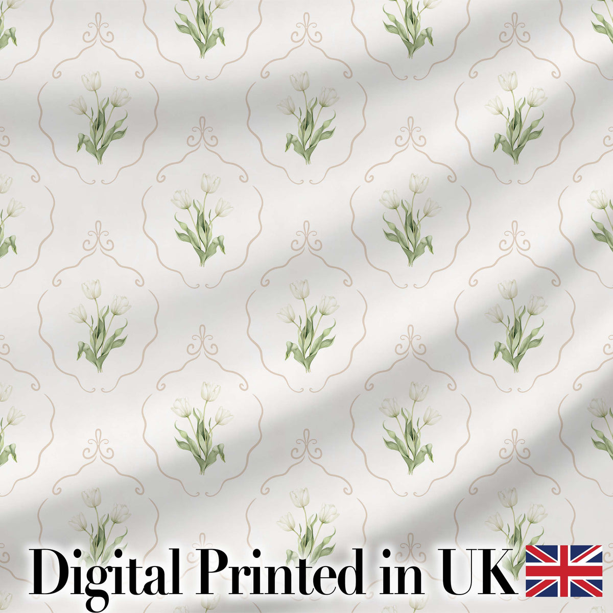 Elegant Vintage Tulip Floral Frame Pattern with Soft Neutral Background SeamlessDigital Print Fabric by the Metre UK Sewing Quilting Textile
