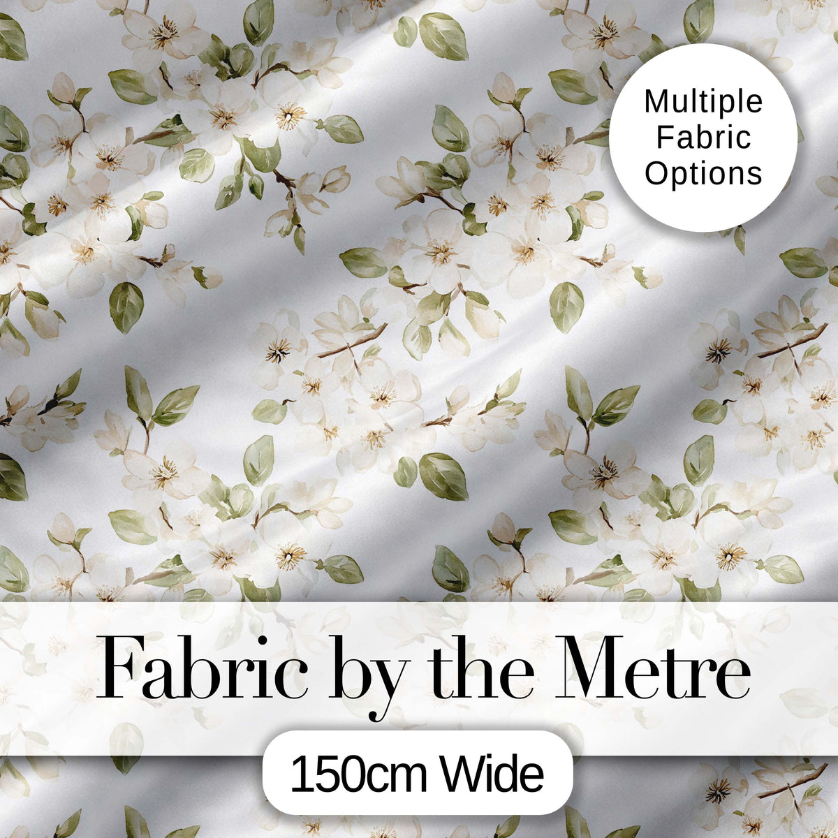 Elegant White Blossom Floral Pattern with Soft Green Leaves Seamless Botanical Digital Print Fabric by the Metre UK Sewing Quilting Textile