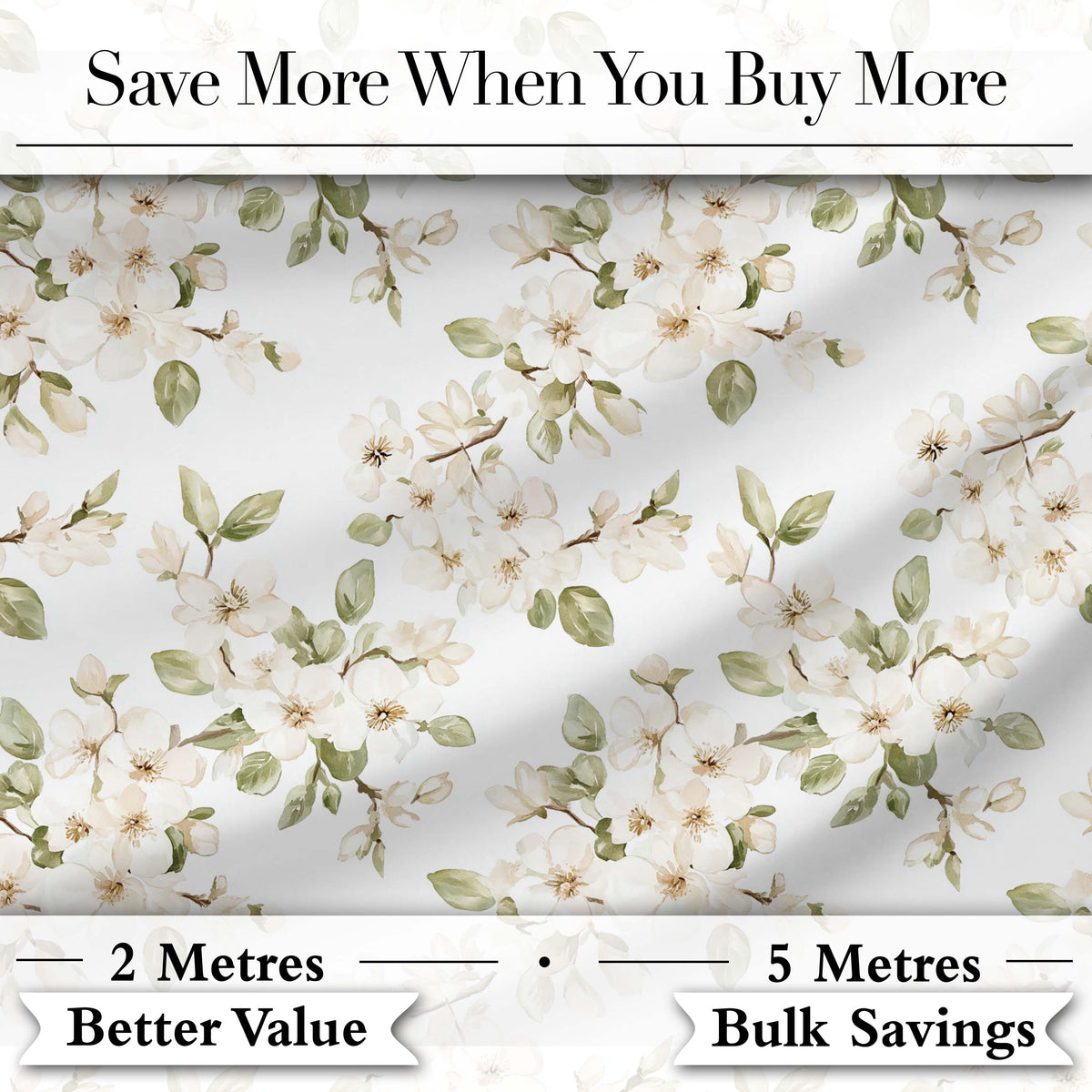 Elegant White Blossom Floral Pattern with Soft Green Leaves Seamless Botanical Digital Print Fabric by the Metre UK Sewing Quilting Textile
