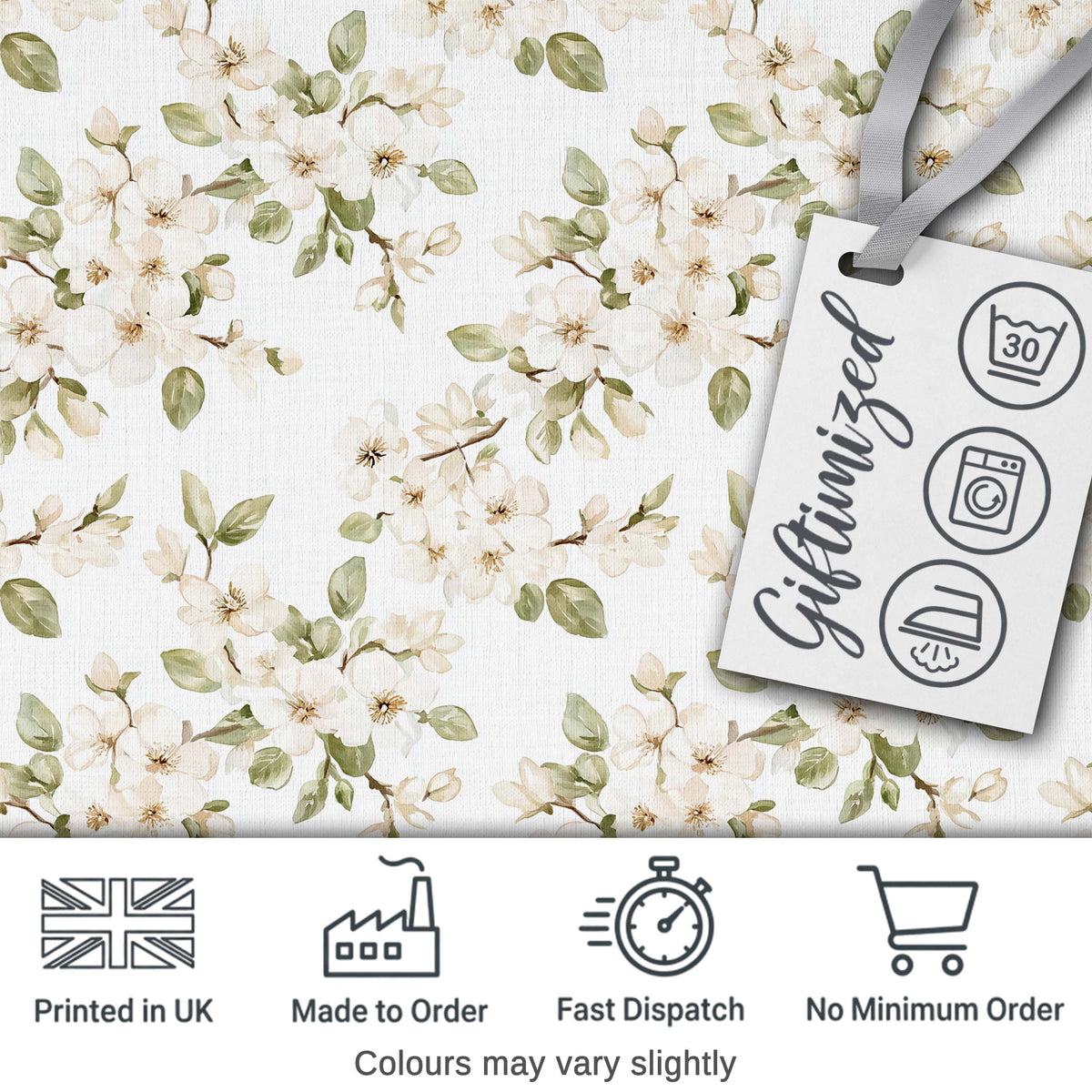 Elegant White Blossom Floral Pattern with Soft Green Leaves Seamless Botanical Digital Print Fabric by the Metre UK Sewing Quilting Textile