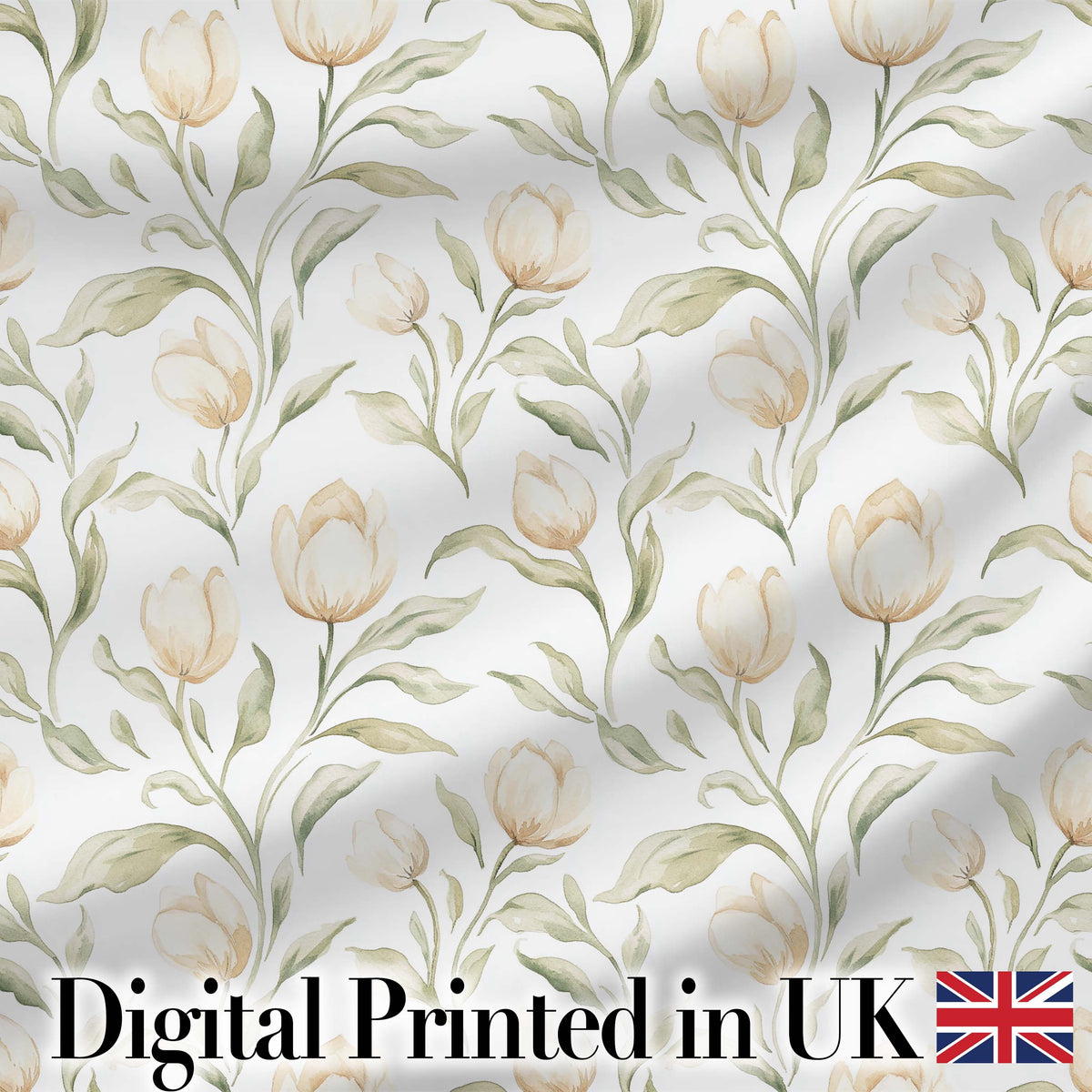 Soft Neutral Tulip Floral Pattern with Gentle Watercolor Leaves Seamless Digital Print Fabric by the Metre UK Sewing Quilting Textile