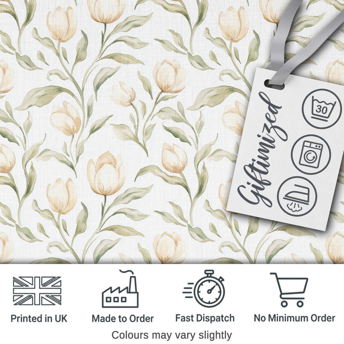 Soft Neutral Tulip Floral Pattern with Gentle Watercolor Leaves Seamless Digital Print Fabric by the Metre UK Sewing Quilting Textile