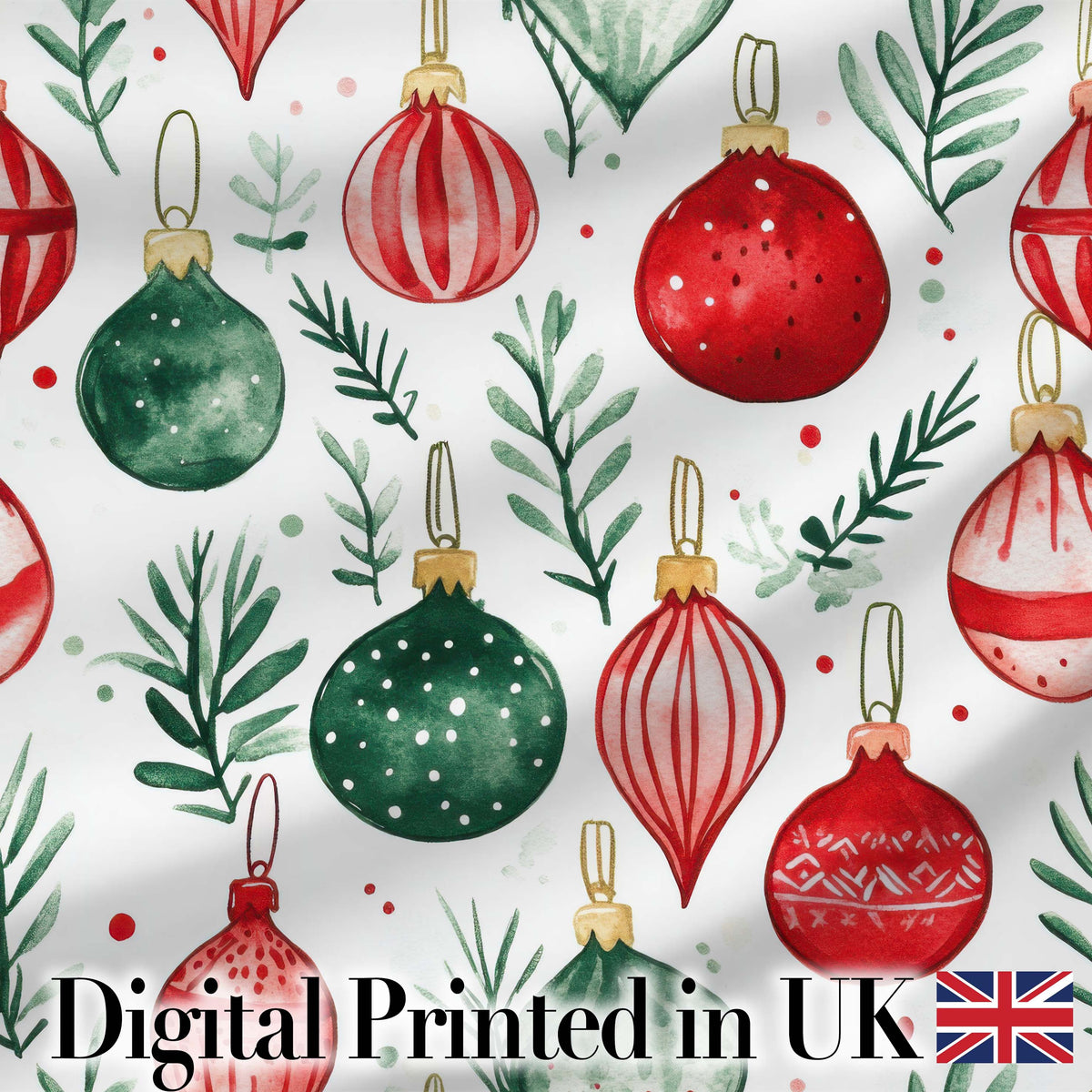 Festive Christmas Baubles and Foliage Watercolor Seamless Pattern Design Digital Print Fabric by the Metre UK Sewing Quilting Textile
