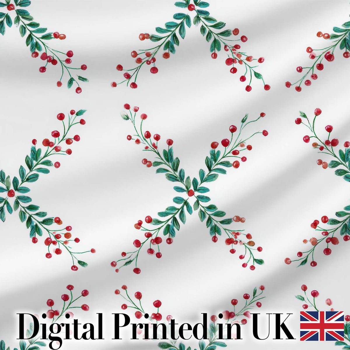 Watercolor Christmas Holly Berry Wreath Pattern Festive Winter Botanical Digital Print Fabric by the Metre UK Sewing Quilting Textile