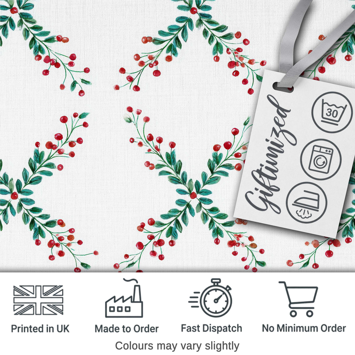 Watercolor Christmas Holly Berry Wreath Pattern Festive Winter Botanical Digital Print Fabric by the Metre UK Sewing Quilting Textile