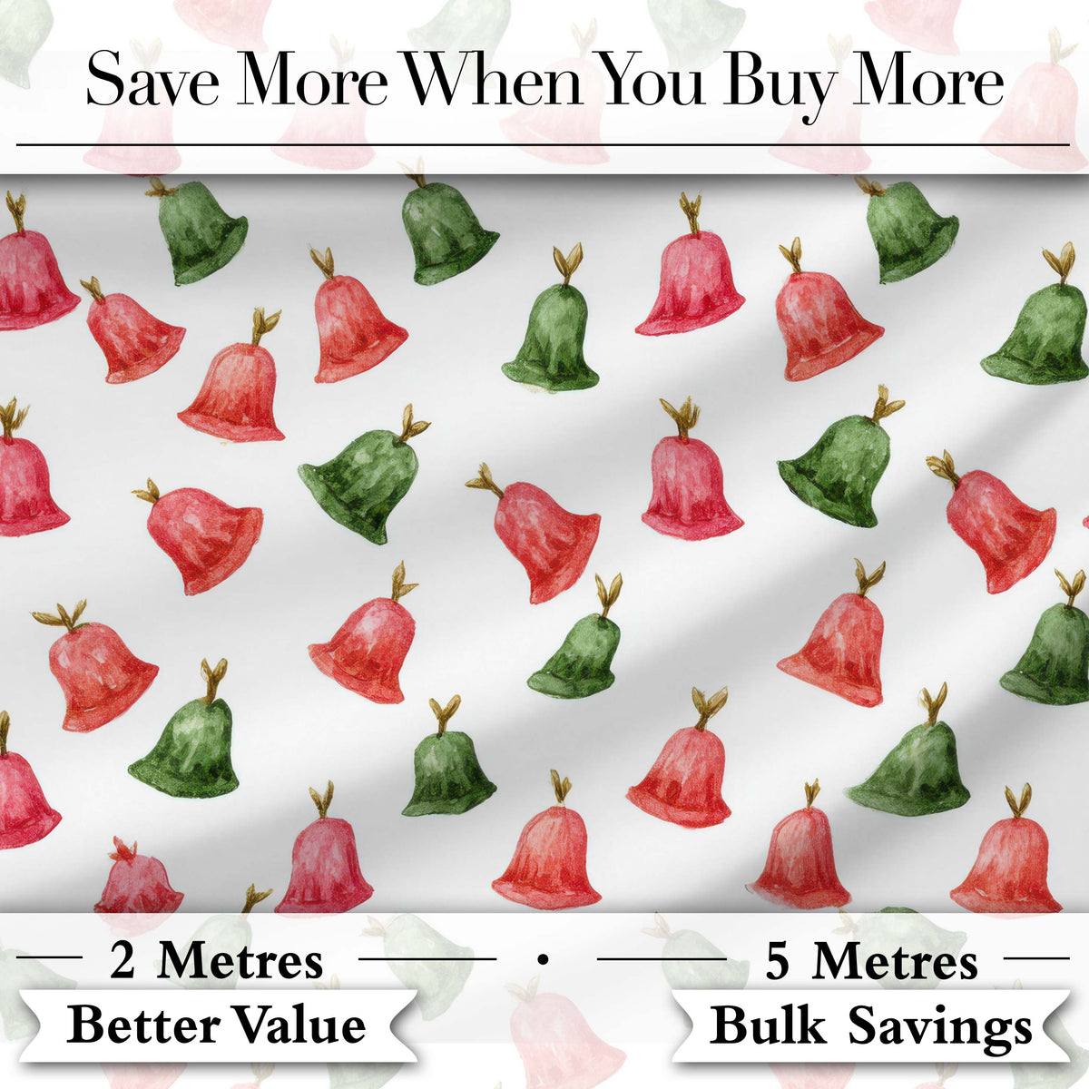 Cute Red and Green Christmas Bells Watercolor Pattern Festive Holiday Design Digital Print Fabric by the Metre UK Sewing Quilting Textile