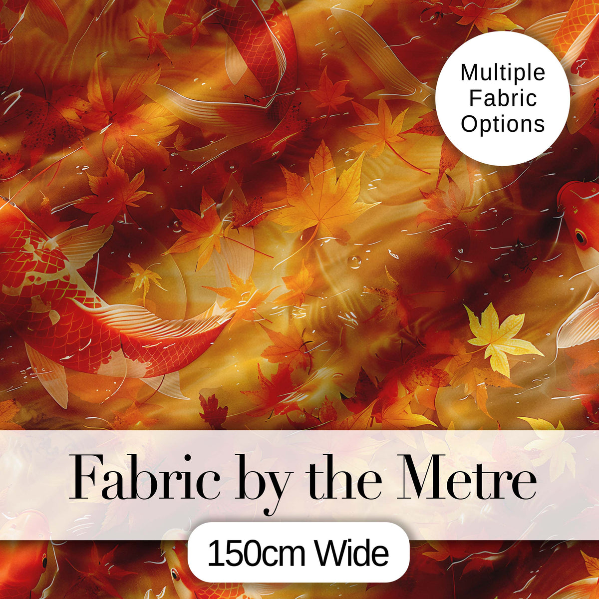 Autumn Koi Fish with Golden Maple Leaves Pattern Warm Watercolor Nature Design Digital Print Fabric by the Metre UK Sewing Quilting Textile