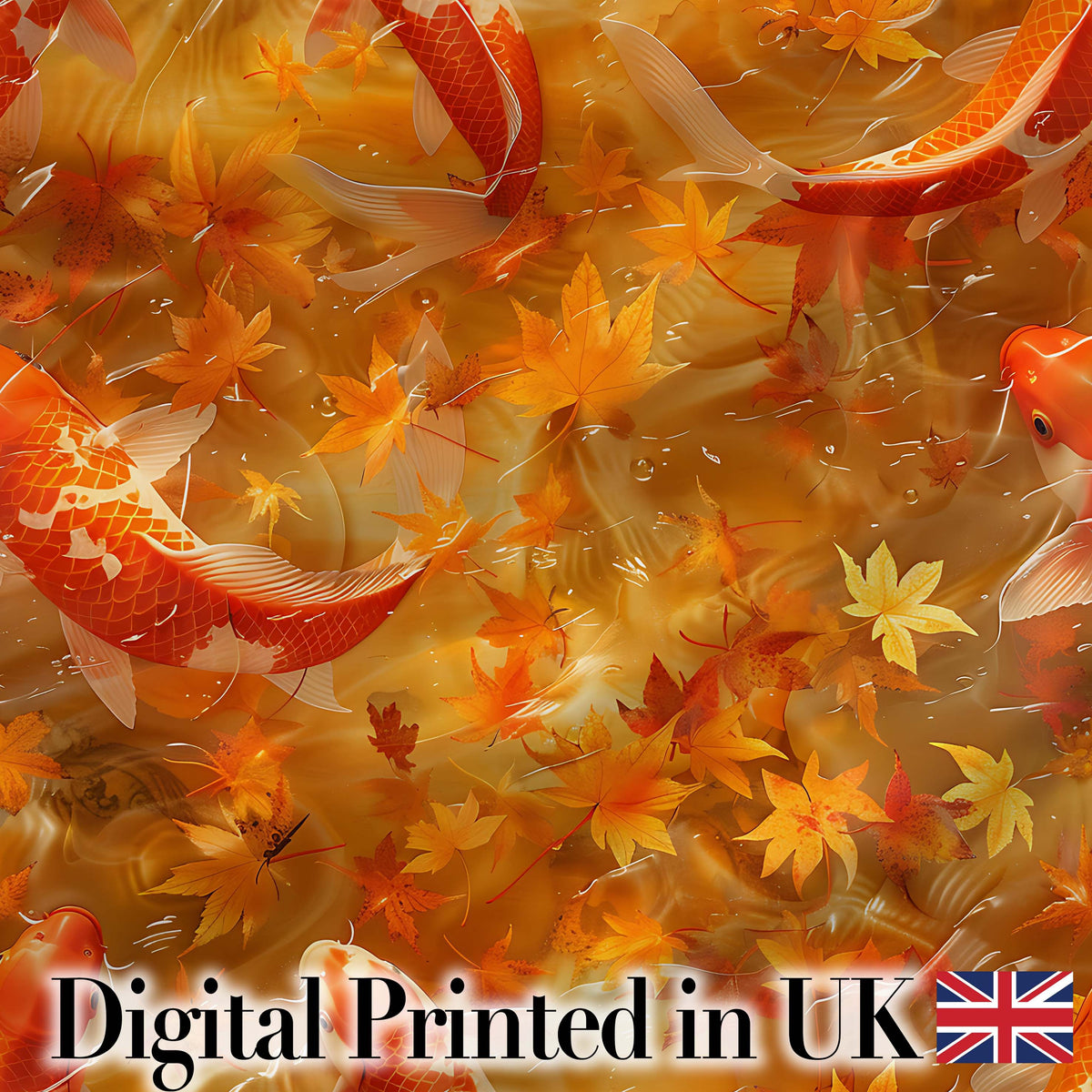 Autumn Koi Fish with Golden Maple Leaves Pattern Warm Watercolor Nature Design Digital Print Fabric by the Metre UK Sewing Quilting Textile