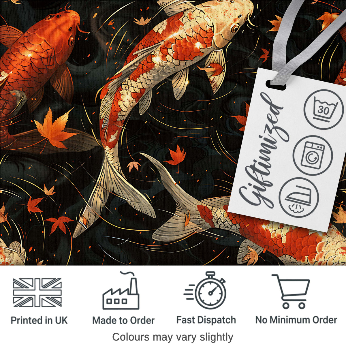 Elegant Koi Fish Swimming on Dark Water with Falling Leaves Japanese Style Digital Print Fabric by the Metre UK Sewing Quilting Textile