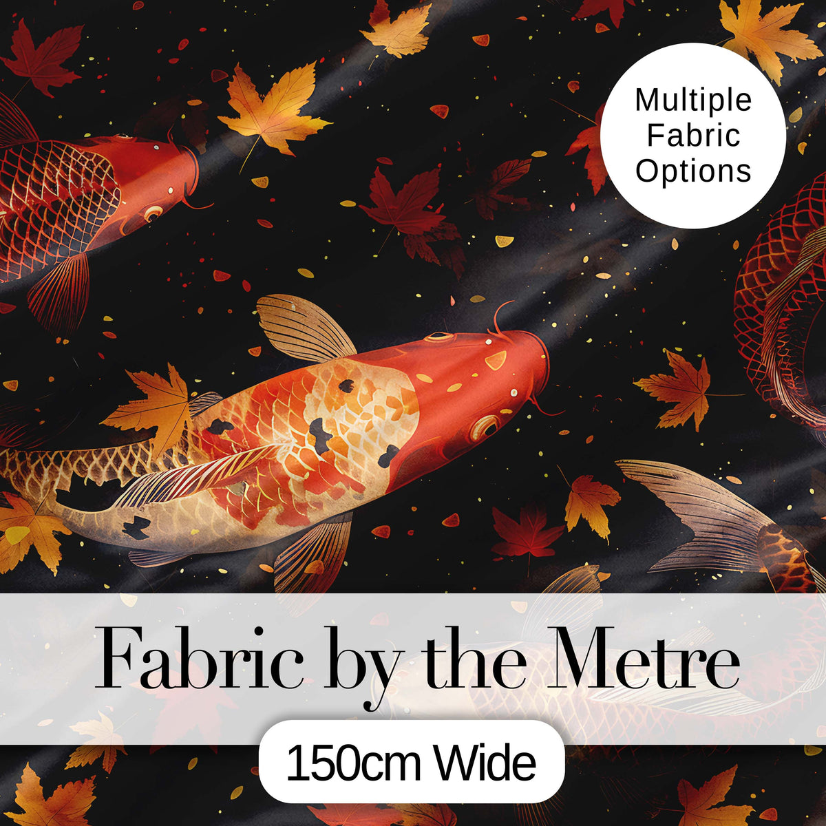 Dark Autumn Pond Koi Fish and Falling Maple Leaves Pattern Rich Seasonal Design Digital Print Fabric by the Metre UK Sewing Quilting Textile