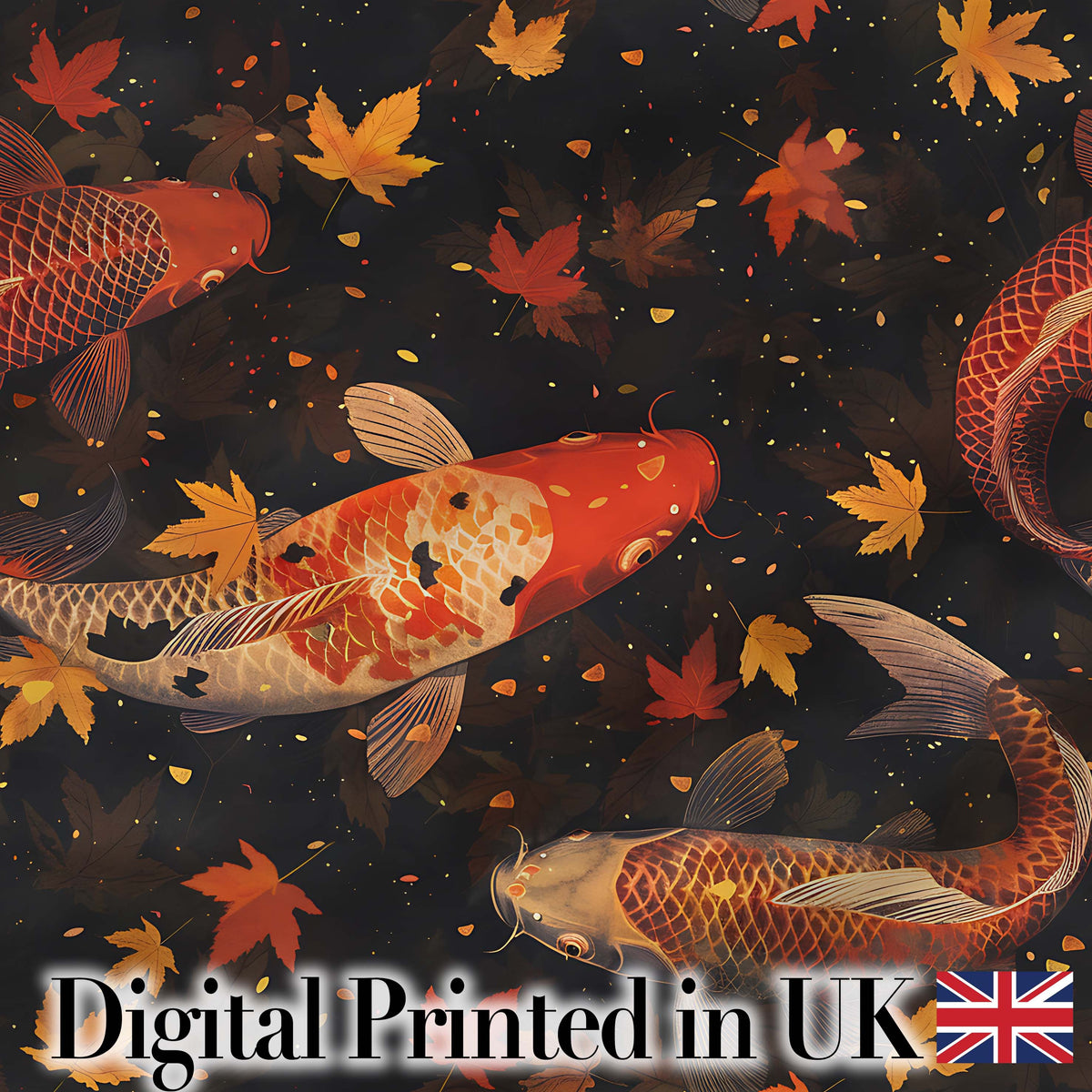 Dark Autumn Pond Koi Fish and Falling Maple Leaves Pattern Rich Seasonal Design Digital Print Fabric by the Metre UK Sewing Quilting Textile