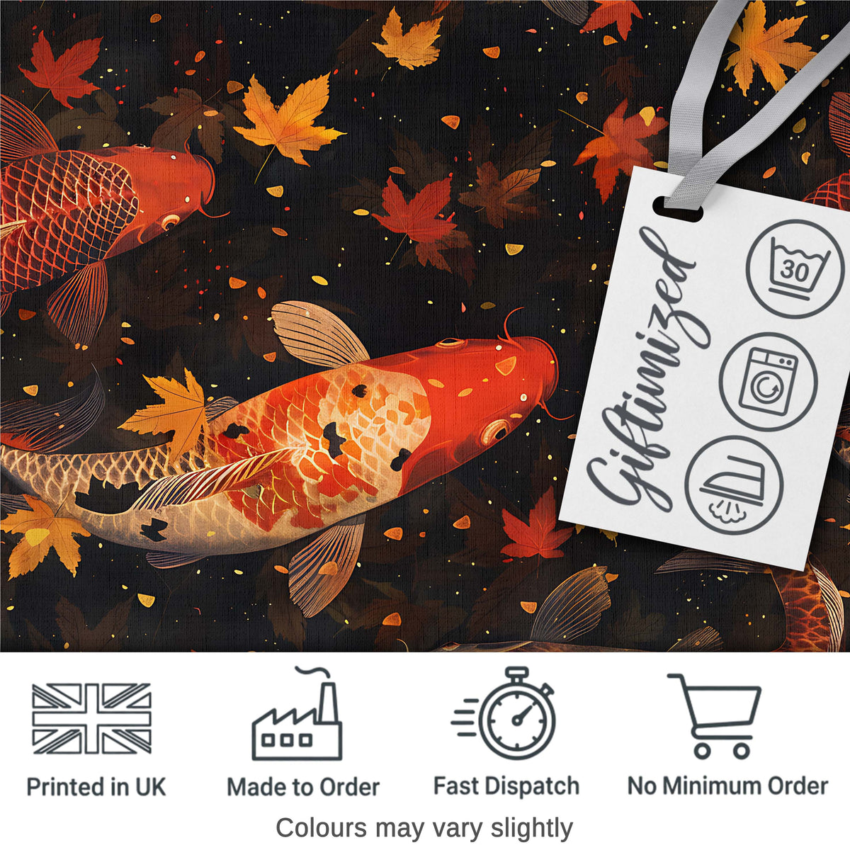 Dark Autumn Pond Koi Fish and Falling Maple Leaves Pattern Rich Seasonal Design Digital Print Fabric by the Metre UK Sewing Quilting Textile