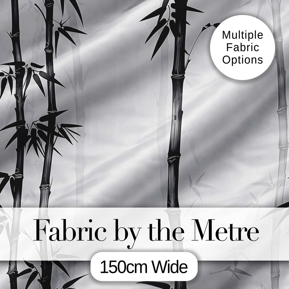 Minimalist Black Bamboo with Soft Mist Background Japanese Ink Style Design Digital Print Fabric by the Metre UK Sewing Quilting Textile