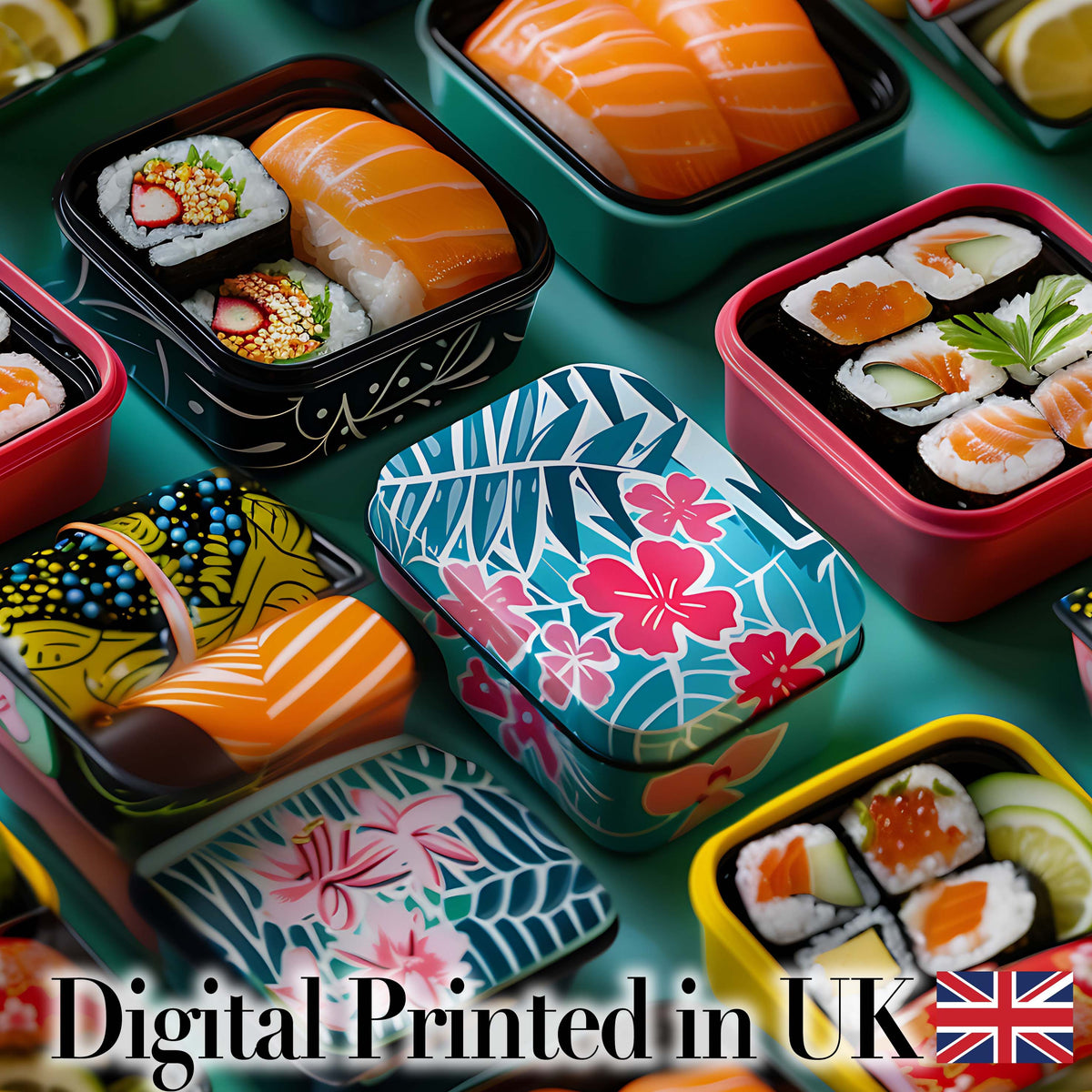Colorful Sushi Bento Boxes with Salmon and Rolls Pattern Food Theme Design Digital Print Fabric by the Metre UK Sewing Quilting Textile