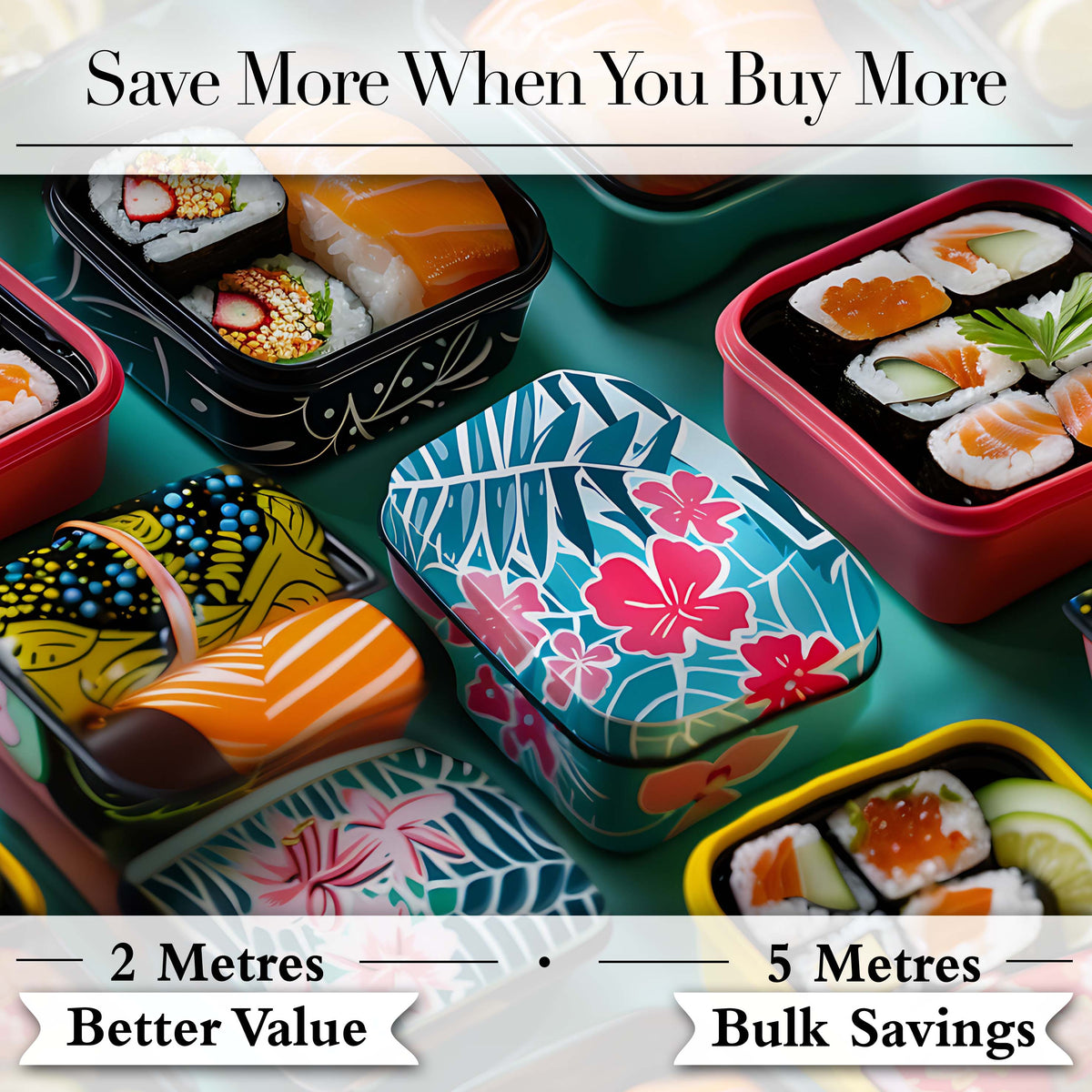 Colorful Sushi Bento Boxes with Salmon and Rolls Pattern Food Theme Design Digital Print Fabric by the Metre UK Sewing Quilting Textile