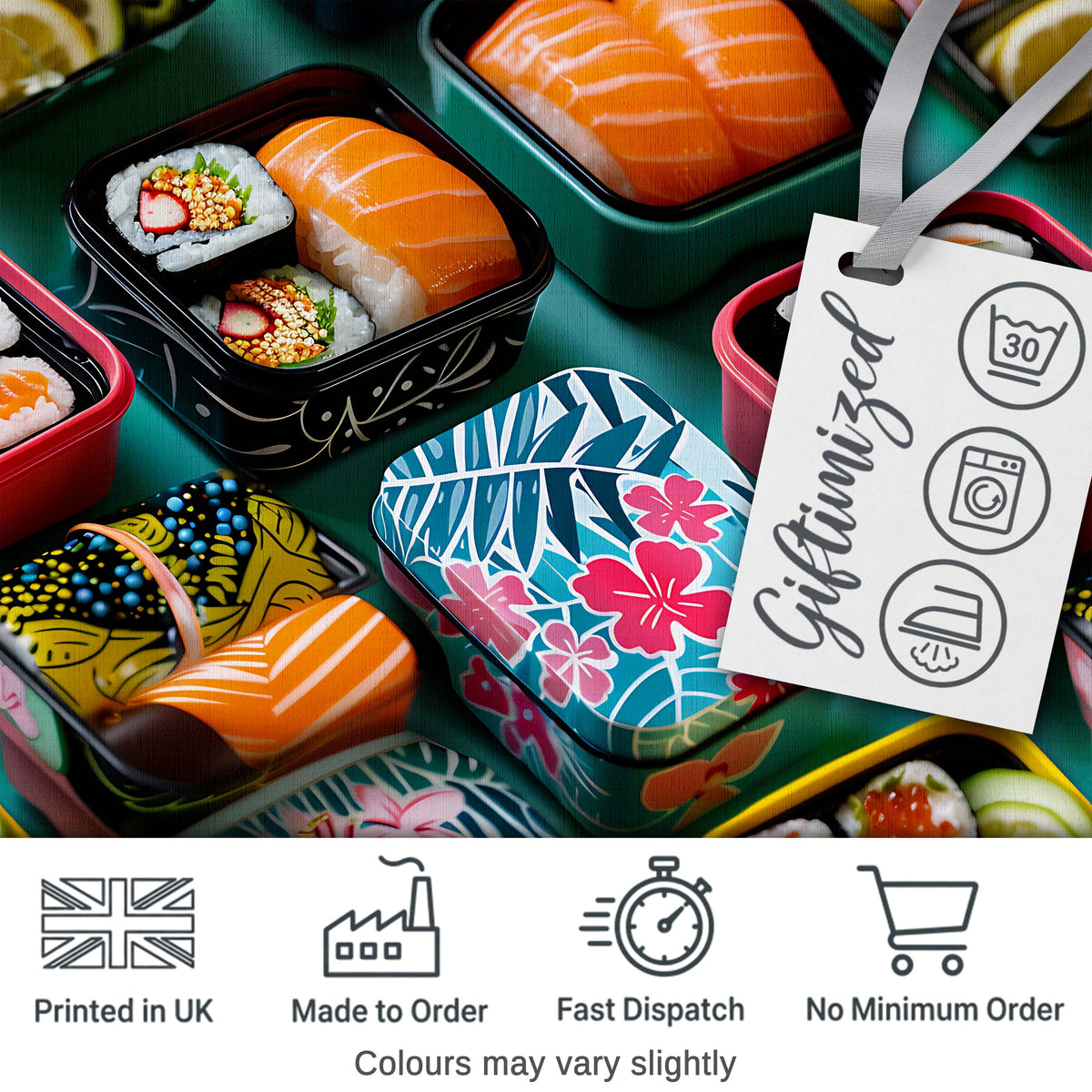 Colorful Sushi Bento Boxes with Salmon and Rolls Pattern Food Theme Design Digital Print Fabric by the Metre UK Sewing Quilting Textile