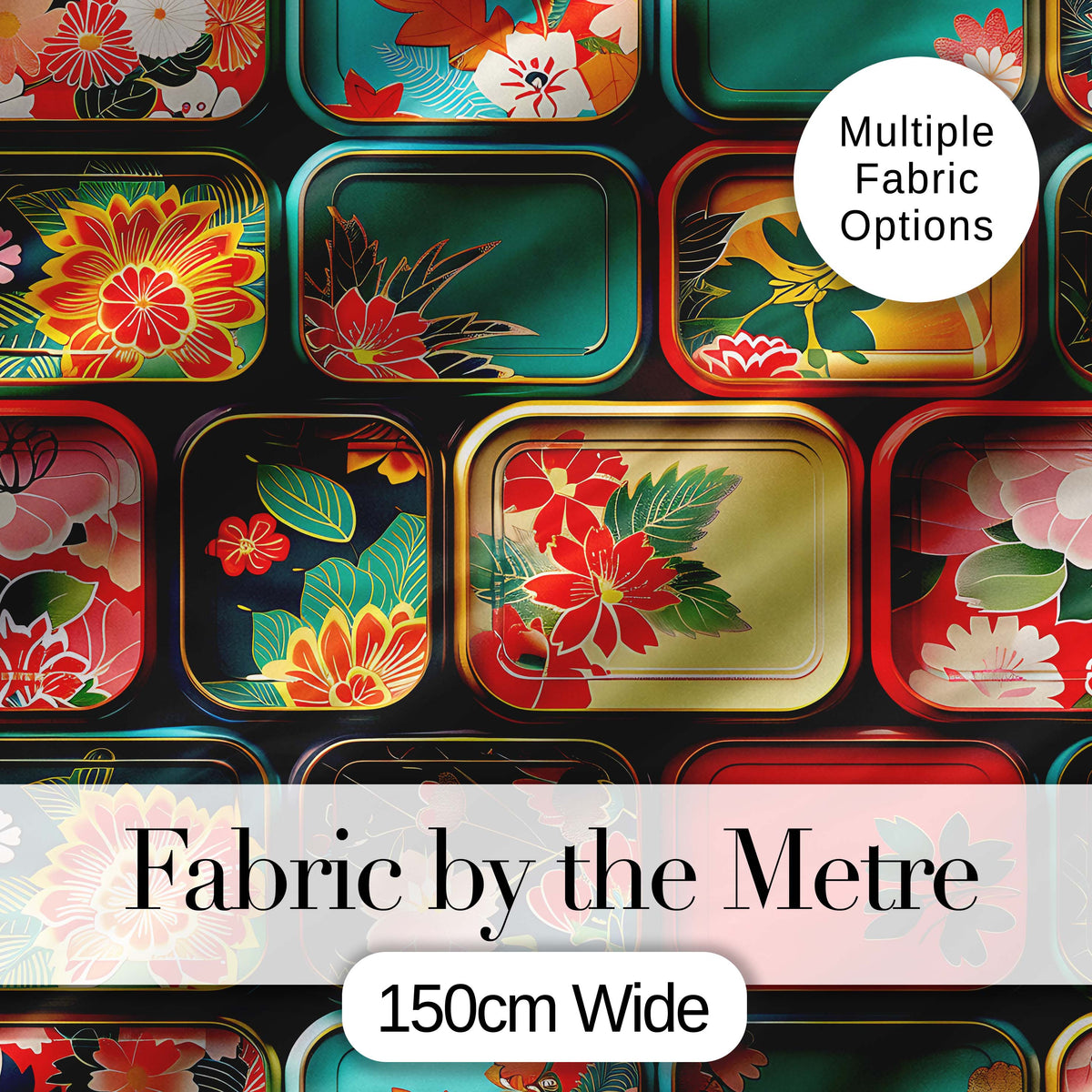 Japanese Floral Bento Box Lid Patterns Pattern Vibrant Decorative Design Digital Print Fabric by the Metre UK Sewing Quilting Textile
