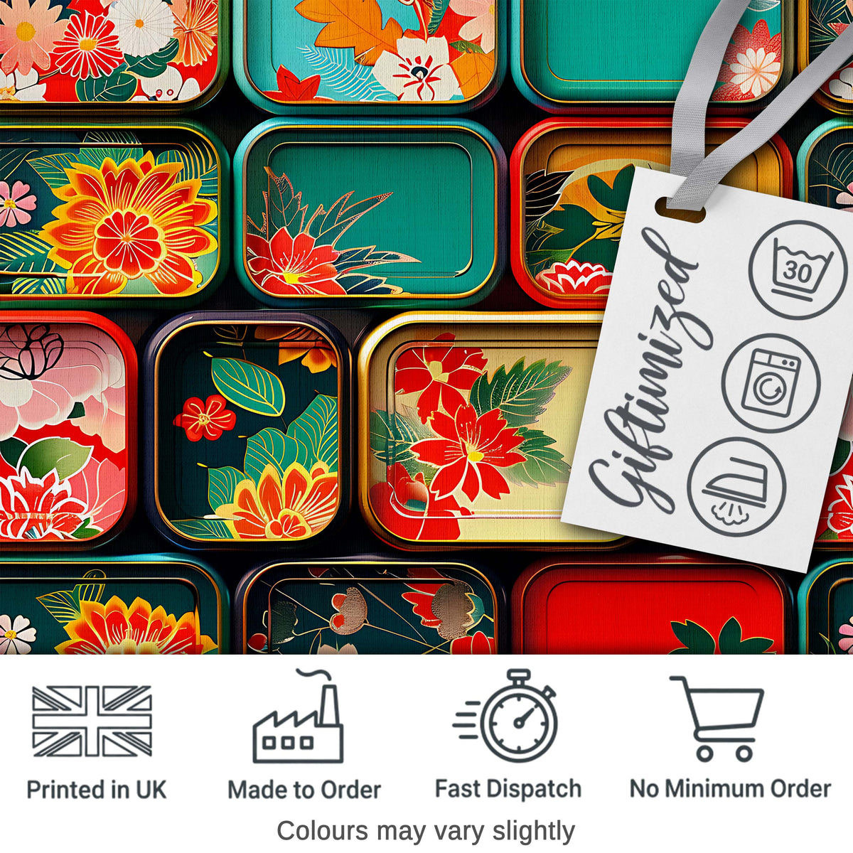 Japanese Floral Bento Box Lid Patterns Pattern Vibrant Decorative Design Digital Print Fabric by the Metre UK Sewing Quilting Textile