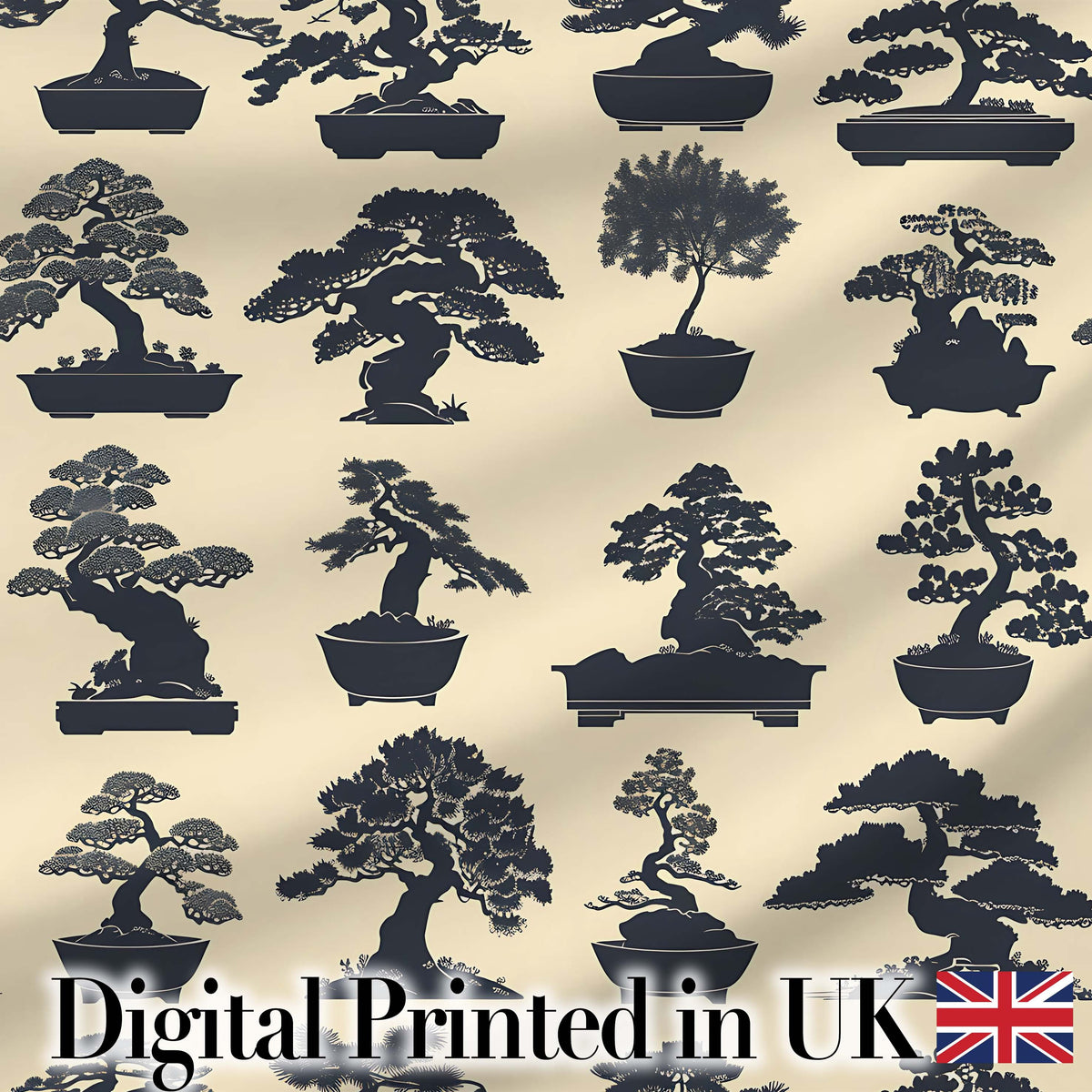 Japanese Bonsai Tree Silhouettes in Pots on Beige Background Digital Print Fabric by the Metre UK Sewing Quilting Textile