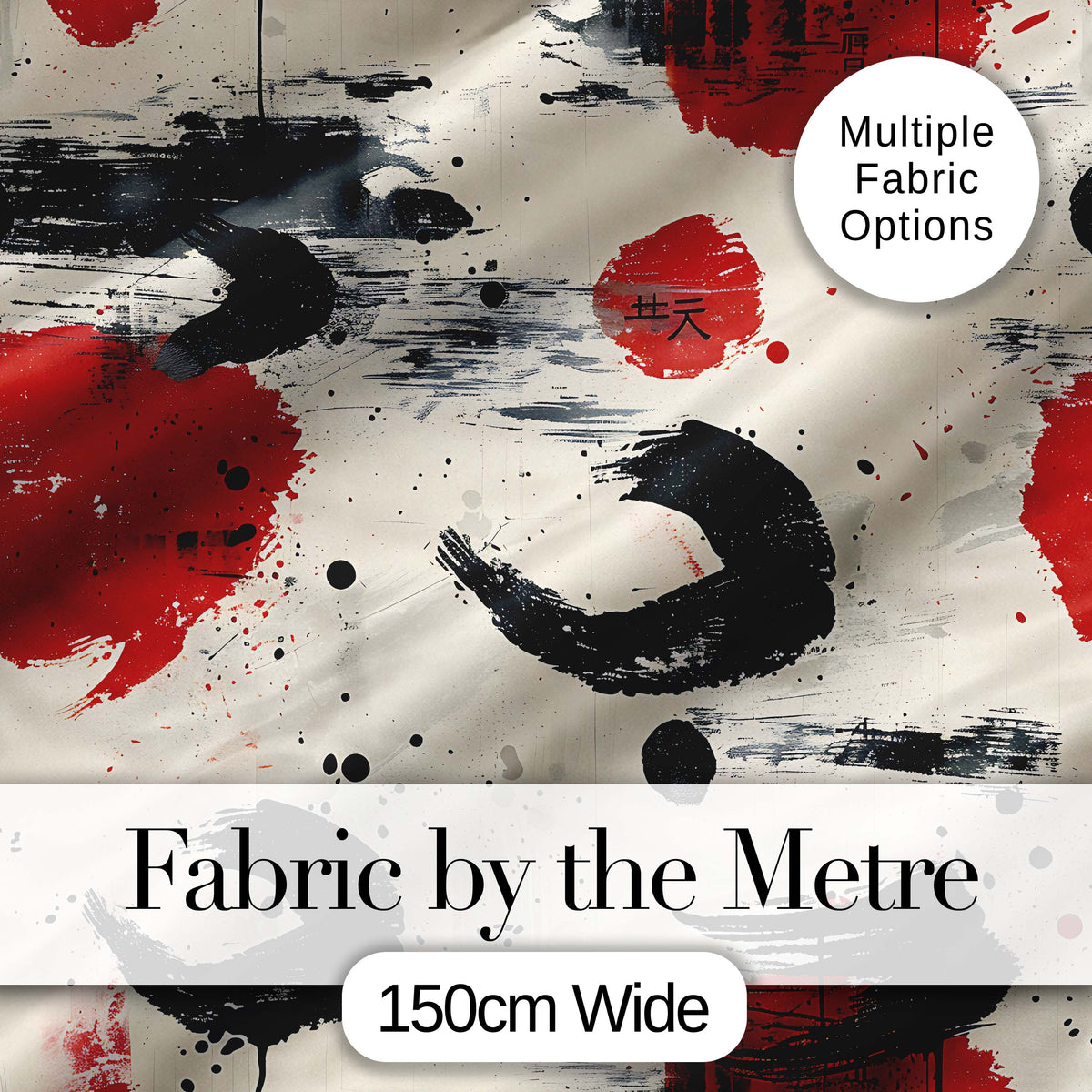 Abstract Japanese Ink Brush Strokes with Red Sun Accents Modern Calligraphy Art Digital Print Fabric by the Metre UK Sewing Quilting Textile