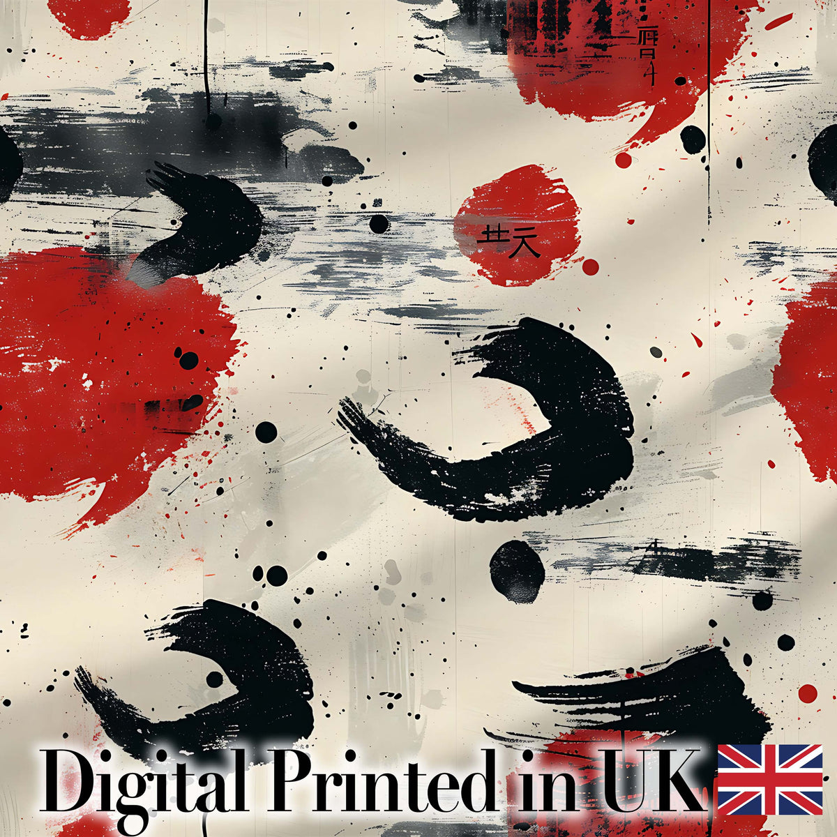 Abstract Japanese Ink Brush Strokes with Red Sun Accents Modern Calligraphy Art Digital Print Fabric by the Metre UK Sewing Quilting Textile