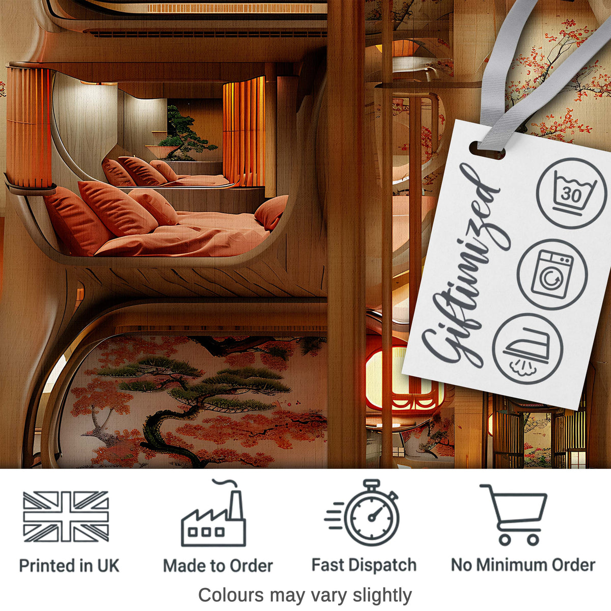 Japanese Capsule Bedroom Interior with Warm Lighting Modern Living Space Digital Print Fabric by the Metre UK Sewing Quilting Textile