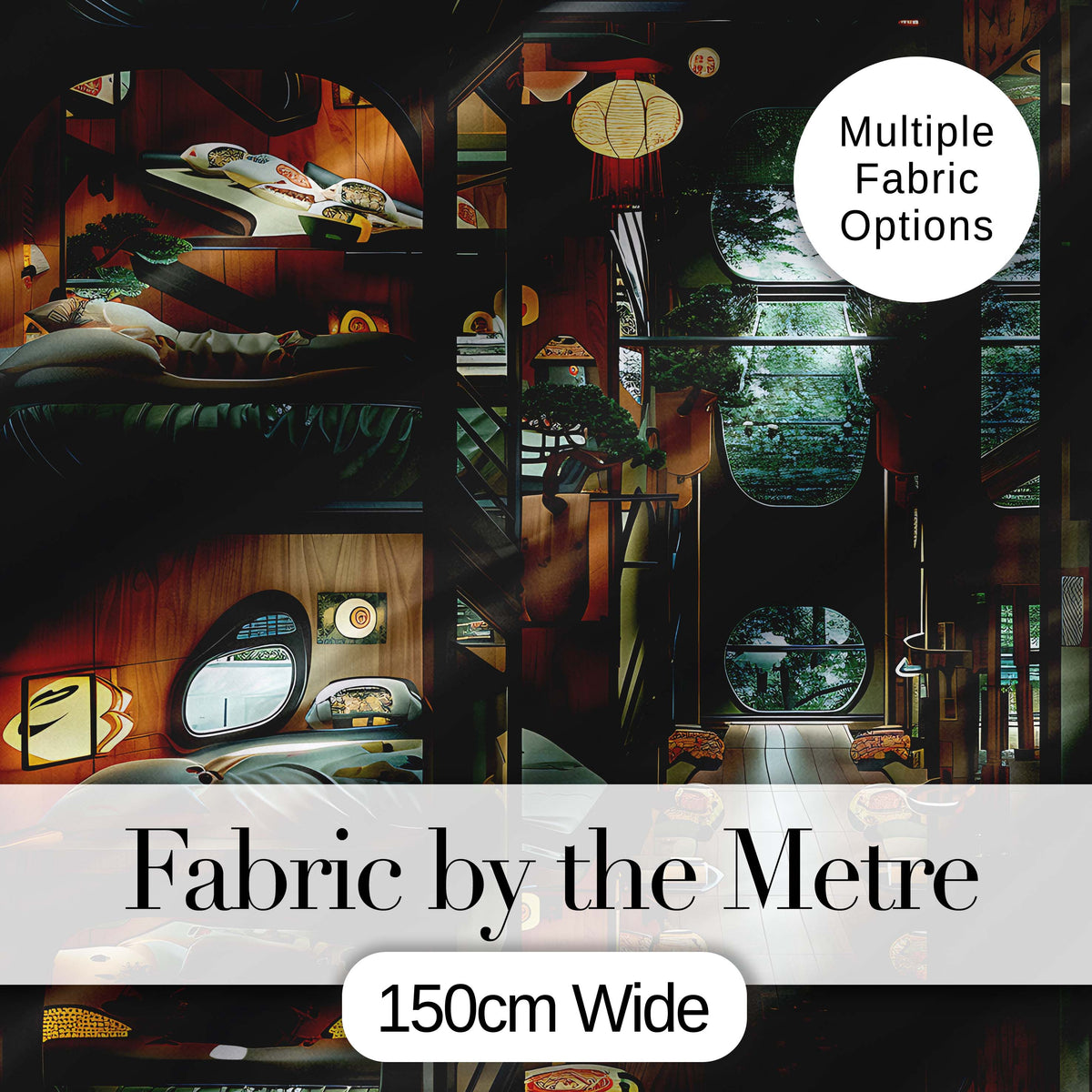 Modern Japanese Capsule Hotel Interior with Wooden Details Compact Living Space Digital Print Fabric by the Metre UK Sewing Quilting Textile