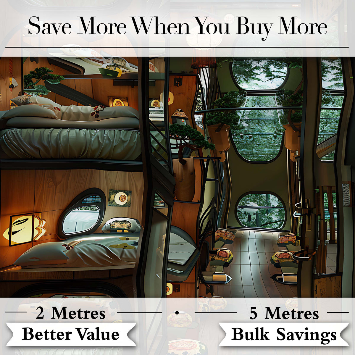Modern Japanese Capsule Hotel Interior with Wooden Details Compact Living Space Digital Print Fabric by the Metre UK Sewing Quilting Textile