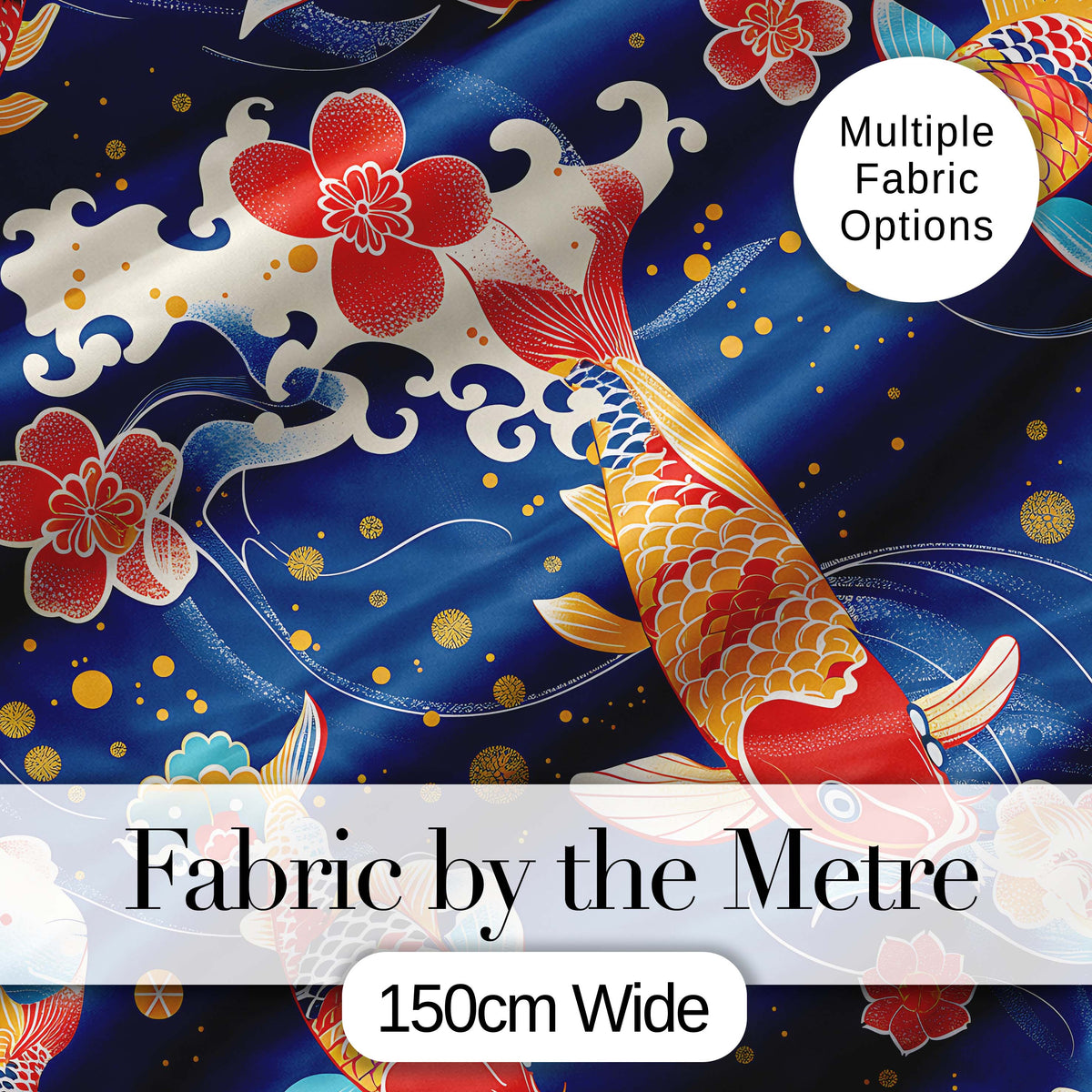 Elegant Japanese Koi Fish with Cherry Blossom Waves Traditional Asian Art Digital Print Fabric by the Metre UK Sewing Quilting Textile