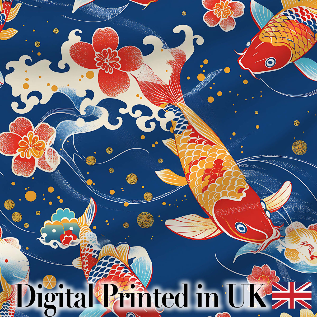 Elegant Japanese Koi Fish with Cherry Blossom Waves Traditional Asian Art Digital Print Fabric by the Metre UK Sewing Quilting Textile