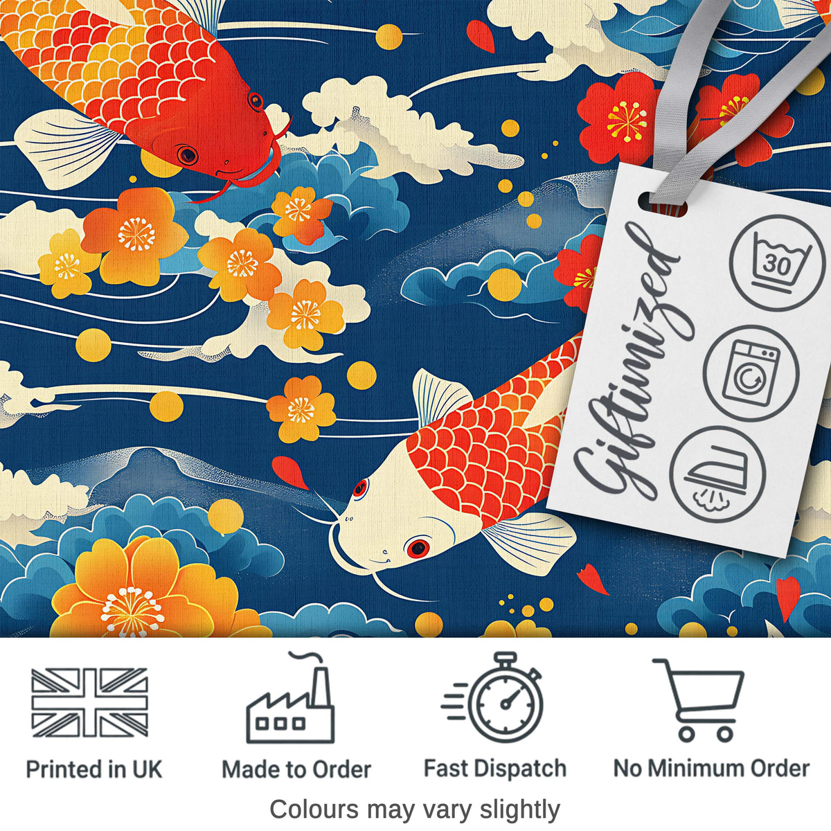 Colorful Koi Fish with Floral Cloud and Flowing Water Japanese Inspired Design Digital Print Fabric by the Metre UK Sewing Quilting Textile